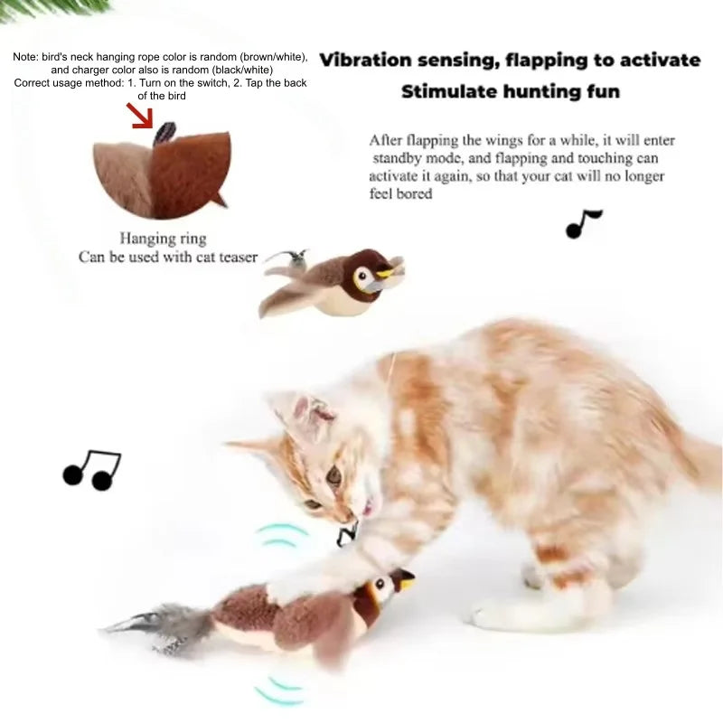 Interactive Touch Activated Chirping Flapping Bird Plush Cat And Dog Toy