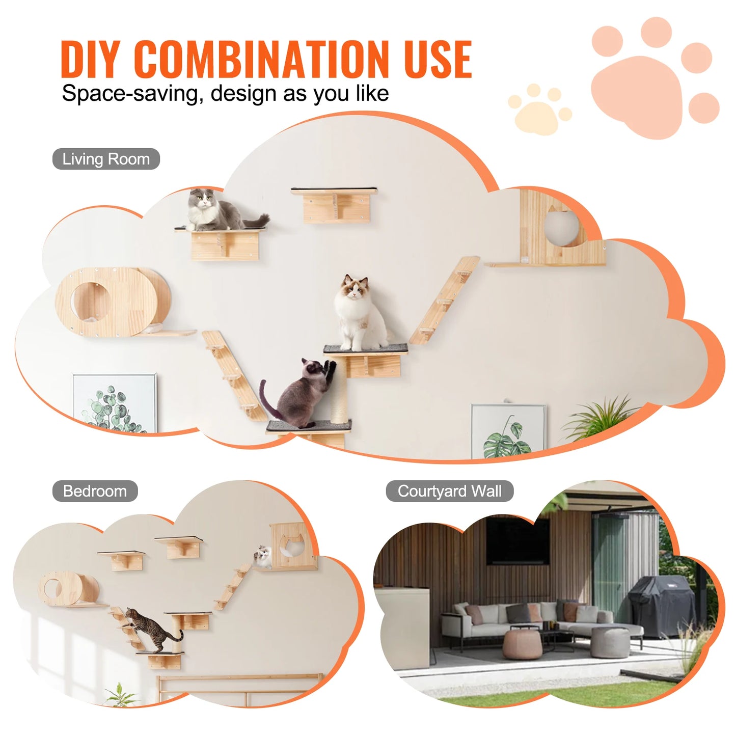 SucceBuy Wall Mounted Pine Wood Cat Shelf And Jumping Platform