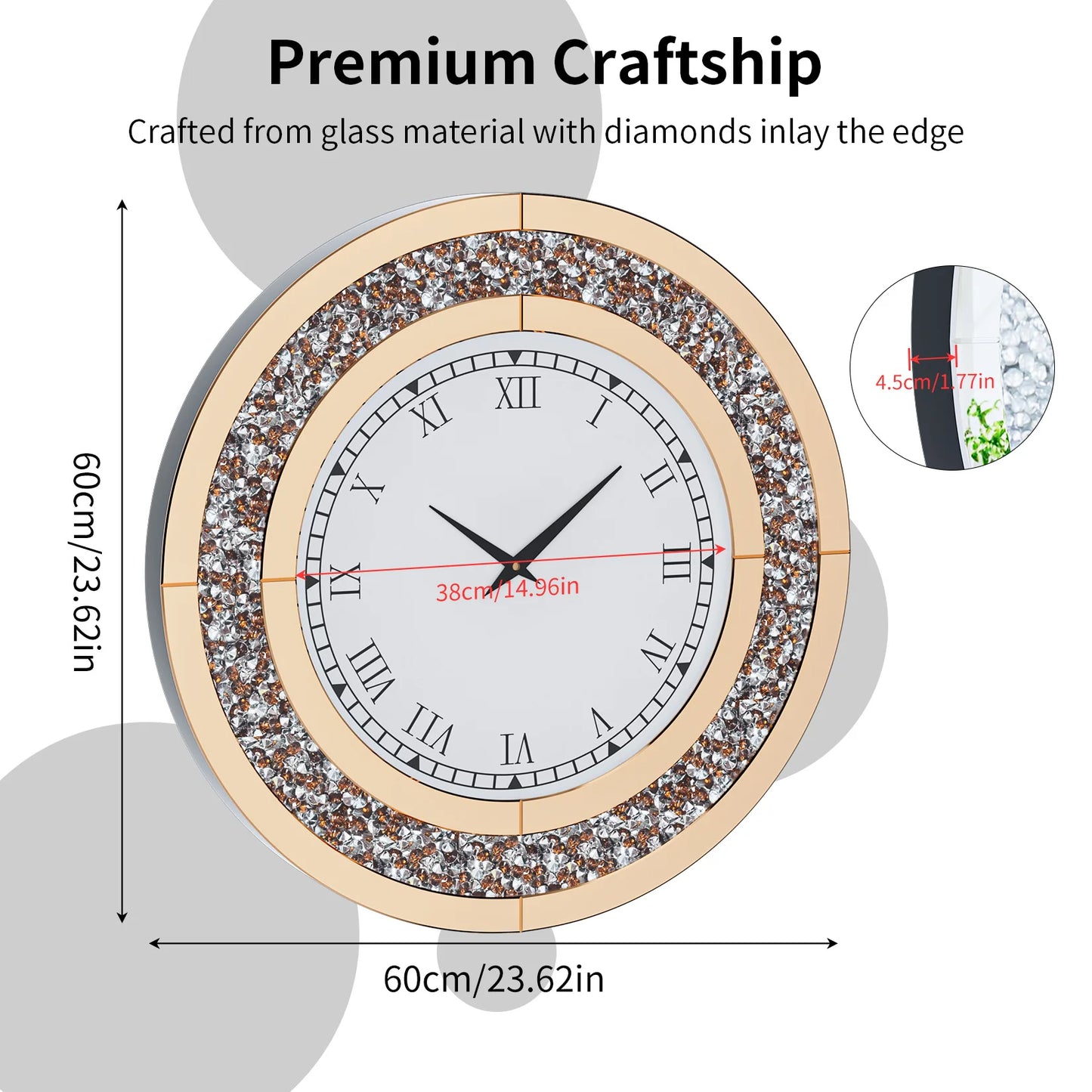 Elegant Sparkling Mirrored Wall Clock With Built In Audio Speaker