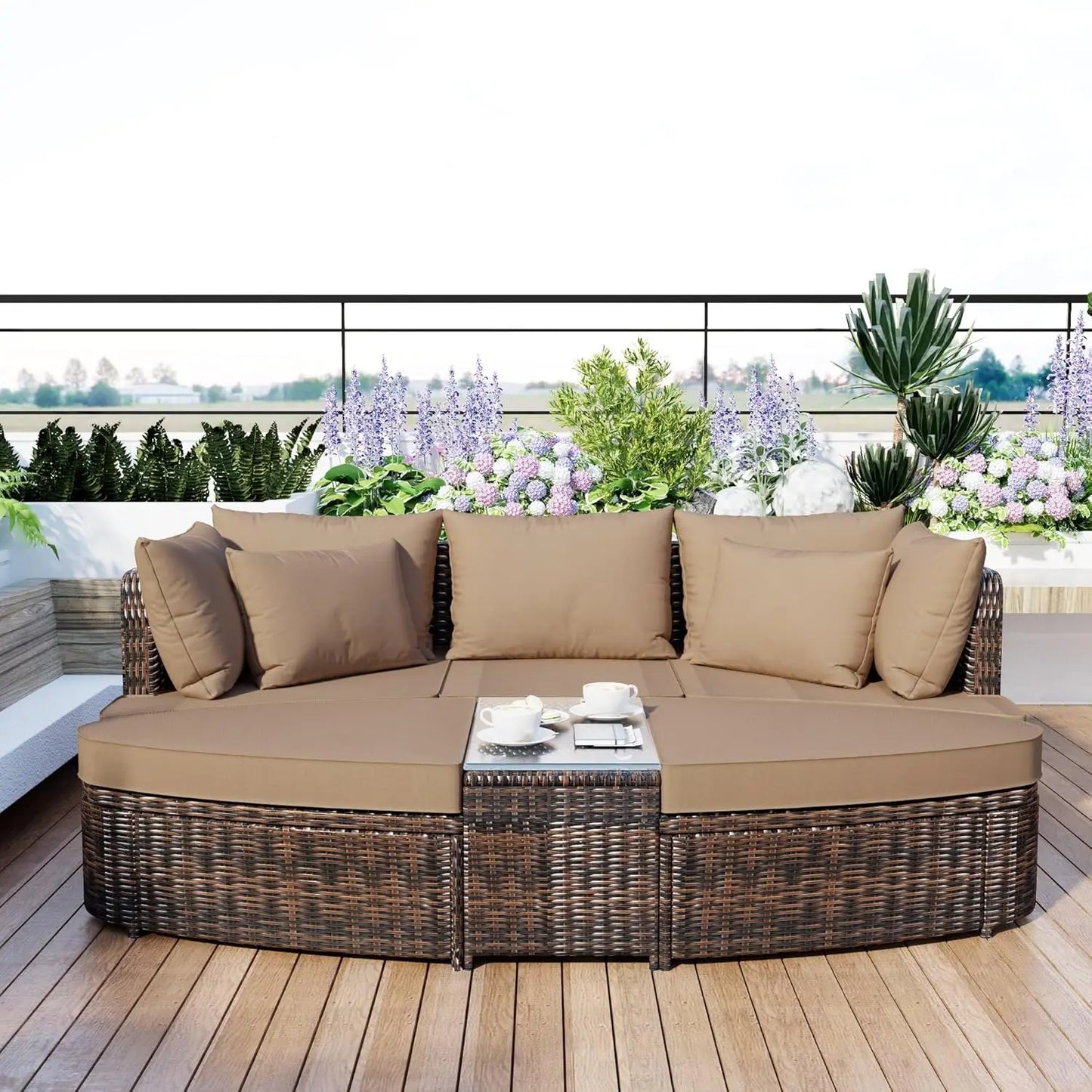 Acacia Wood Half Moon Outdoor Sofa Set With Coffee Table