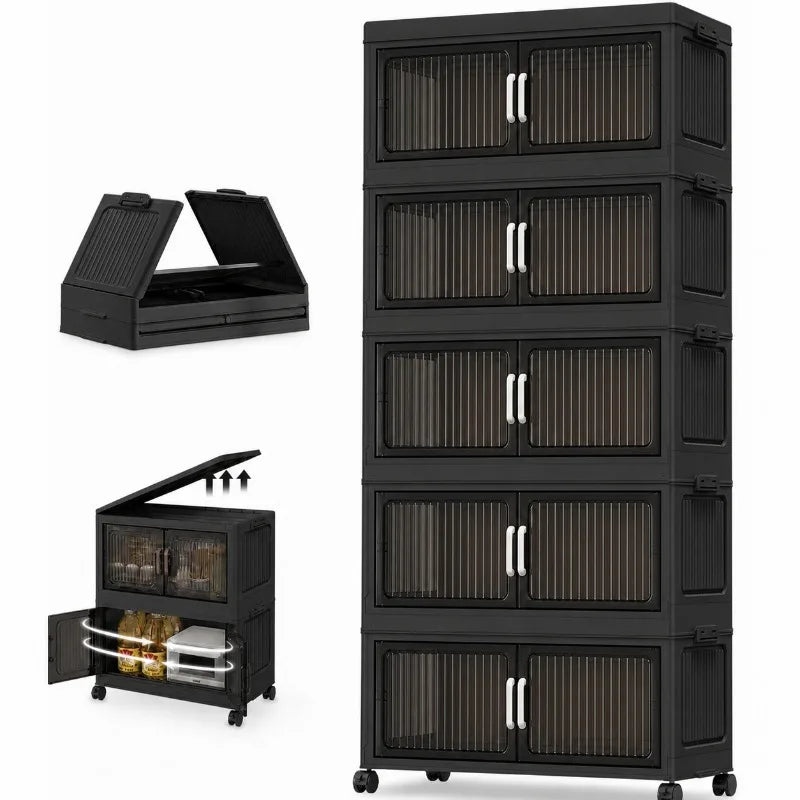 Five Tier Foldable Storage Cabinet With Wheels And Double Doors