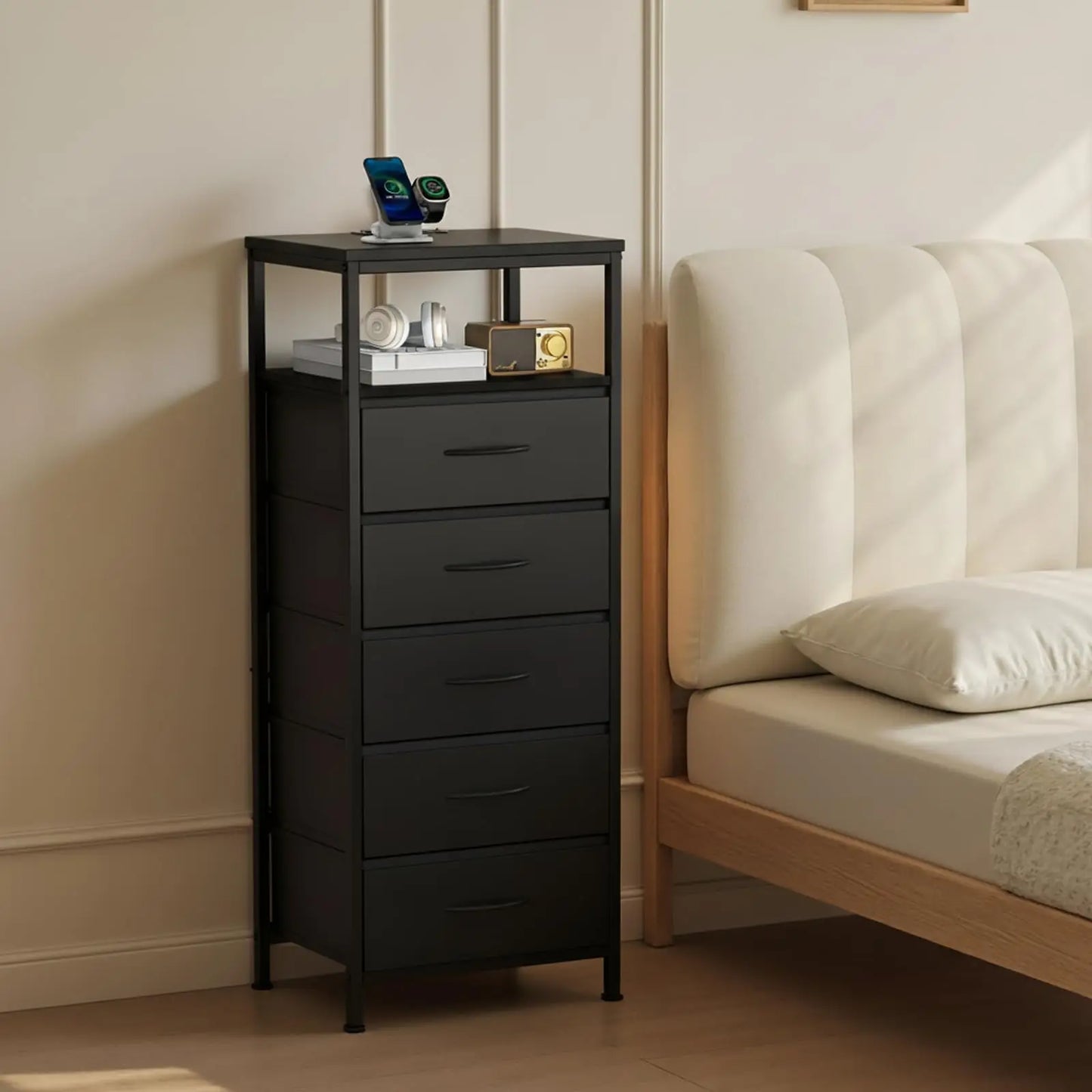 JHK Five Drawer Metal Dresser With LED Strips And Charging Ports