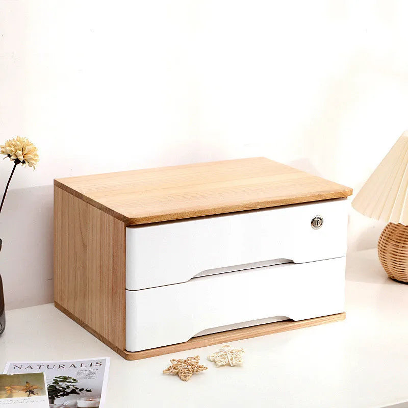 Wooden Desktop Storage Drawer Organizer With Lockable Drawers