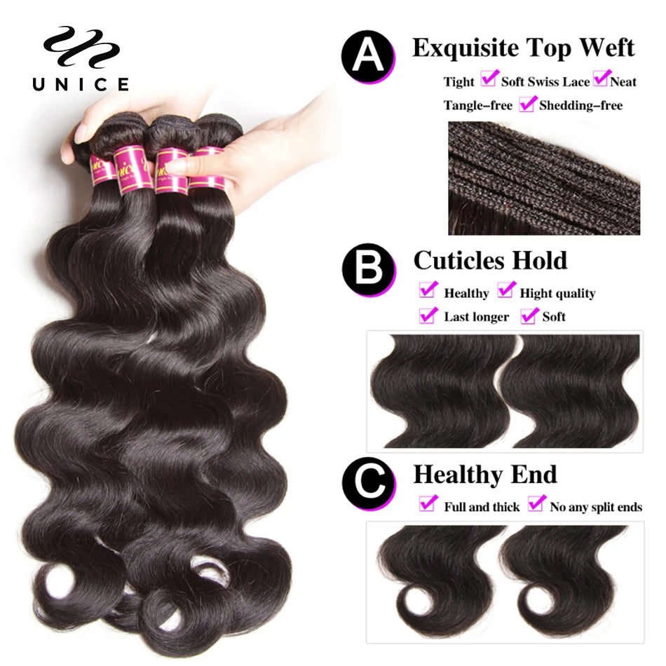 Unice Body Wave Bundles 100% Human Hair Virgin Brazilian Weave Extensions