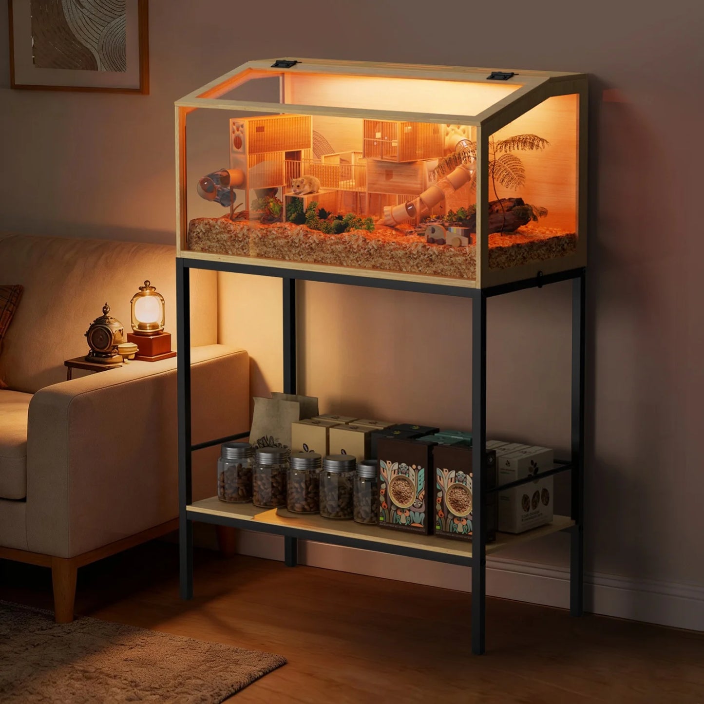 Wooden Hamster Habitat With Led Lighting And Storage Shelf