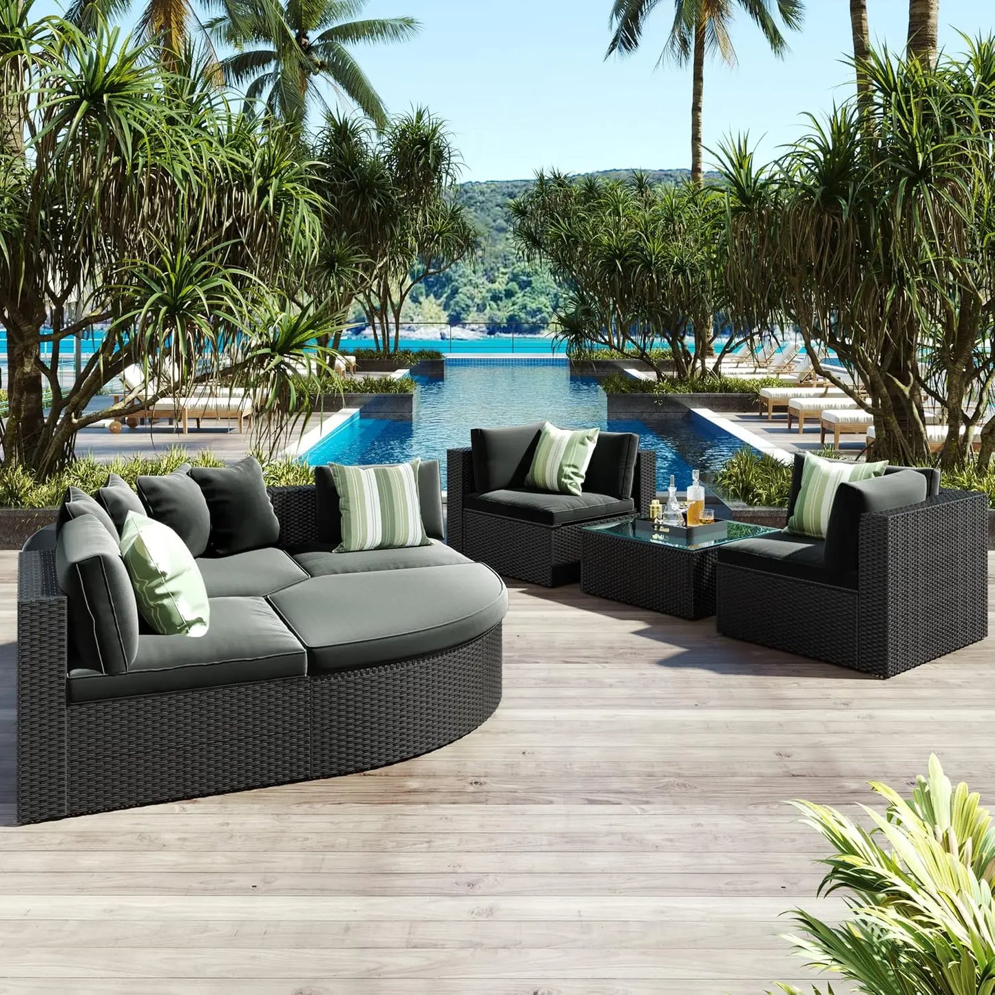 Acacia Wood Half Moon Outdoor Sofa Set With Coffee Table