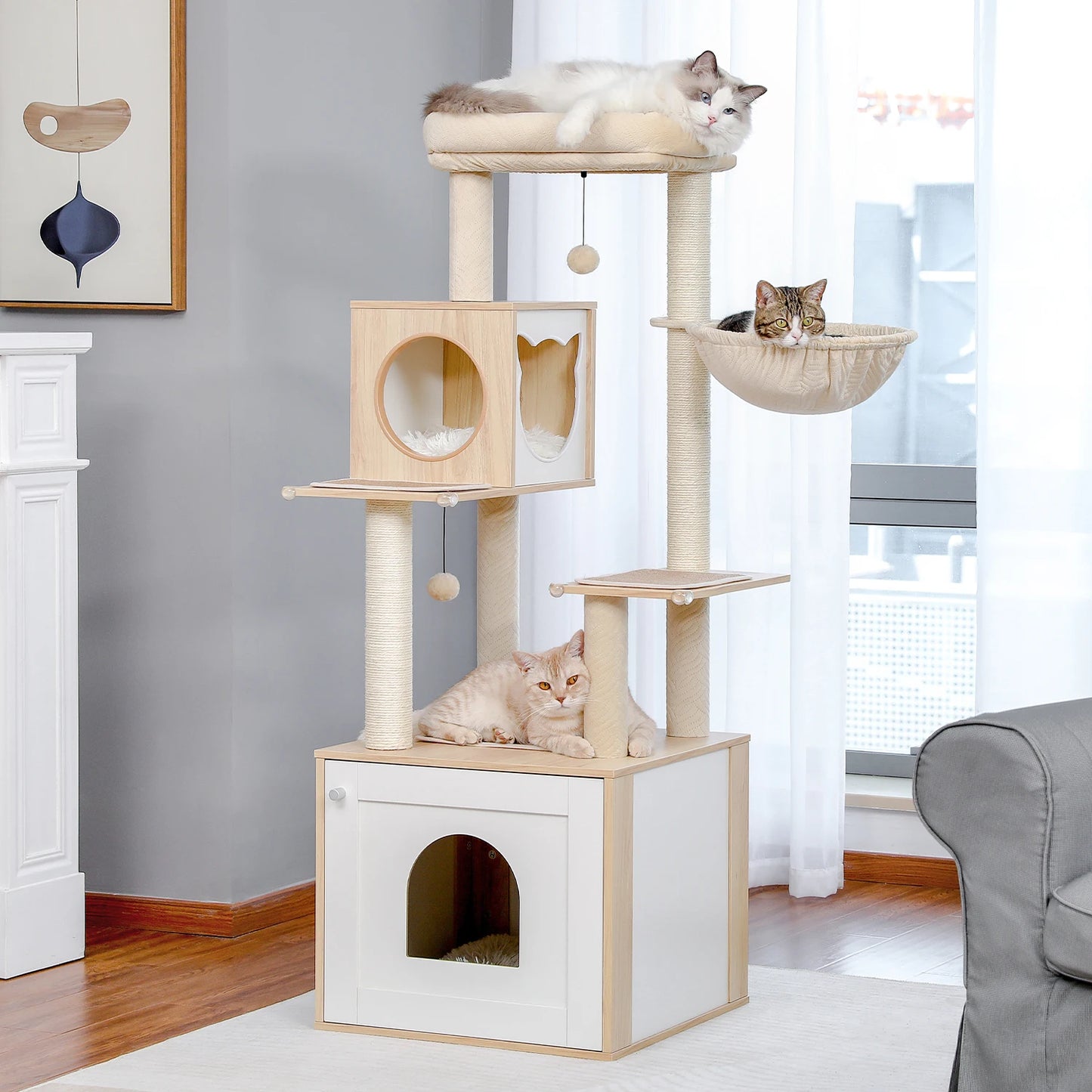 Pawz Wooden Cat Tower With Scratching Posts Hammock And Perch