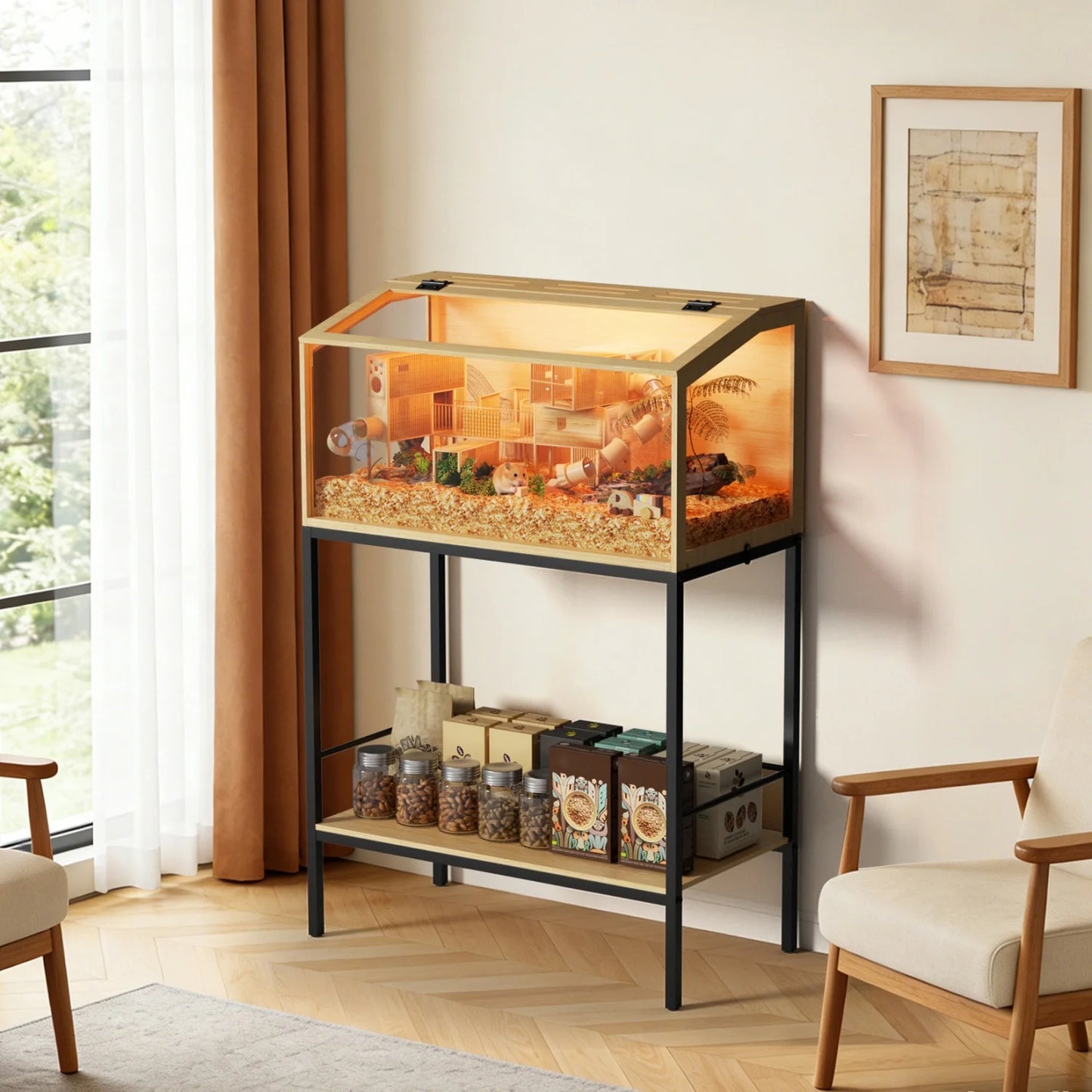 Wooden Hamster Cage With Tempered Glass And Storage Shelf