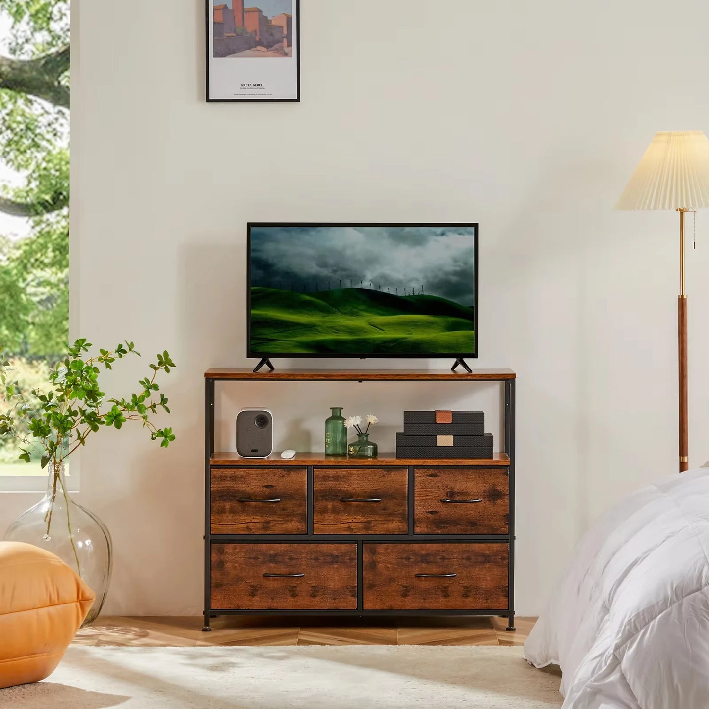 JHK Modern Metal Fireplace TV Stand With Fabric Drawers
