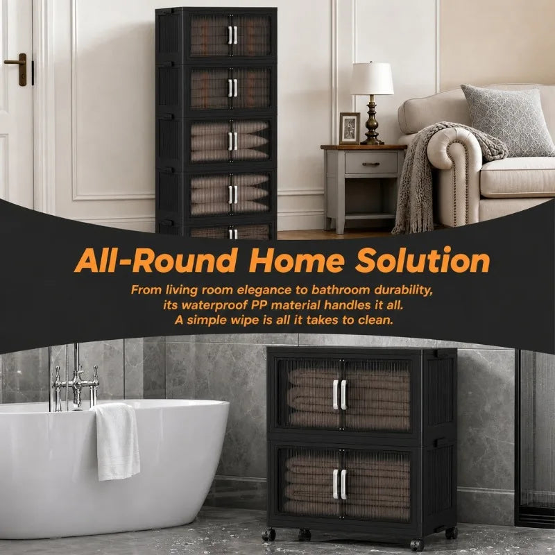 Five Tier Foldable Storage Cabinet With Wheels And Double Doors