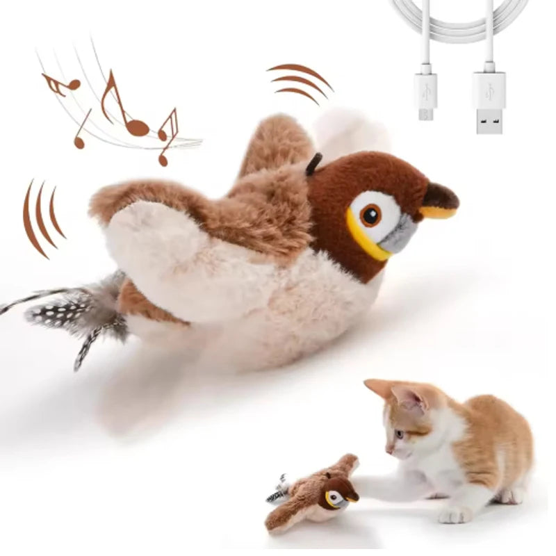 Interactive Touch Activated Chirping Flapping Bird Plush Cat And Dog Toy