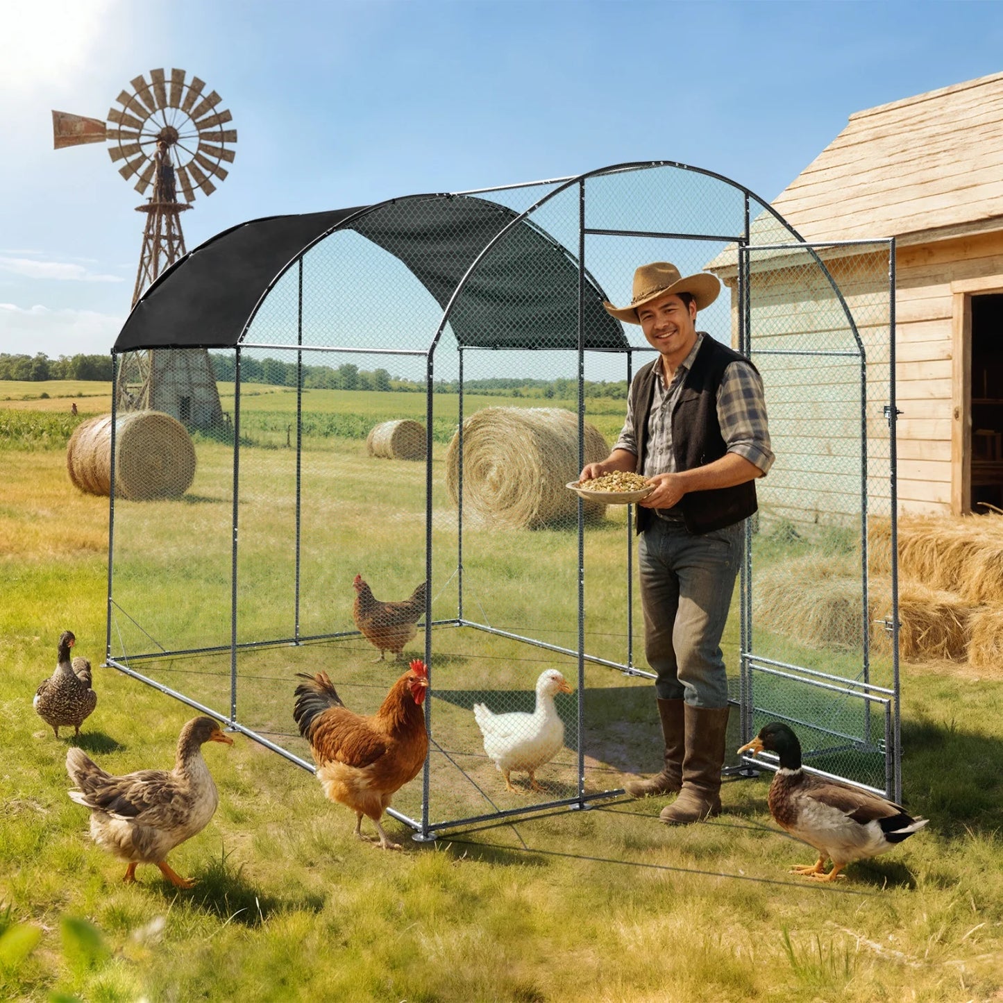 Bingopaw Metal Chicken Coop with Netting for Outdoor Walk-in Enclosure