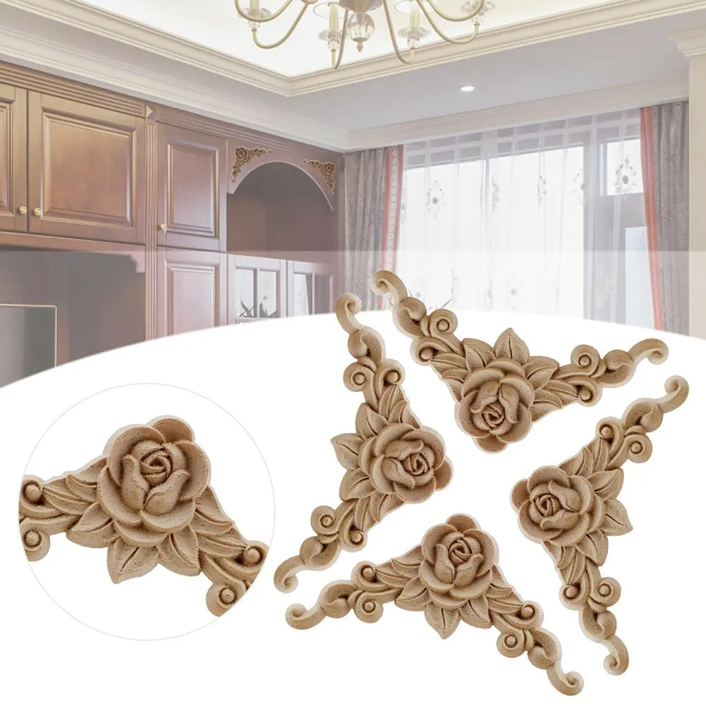Natural Carved Wooden Floral Corner Wall Decor Applique Set