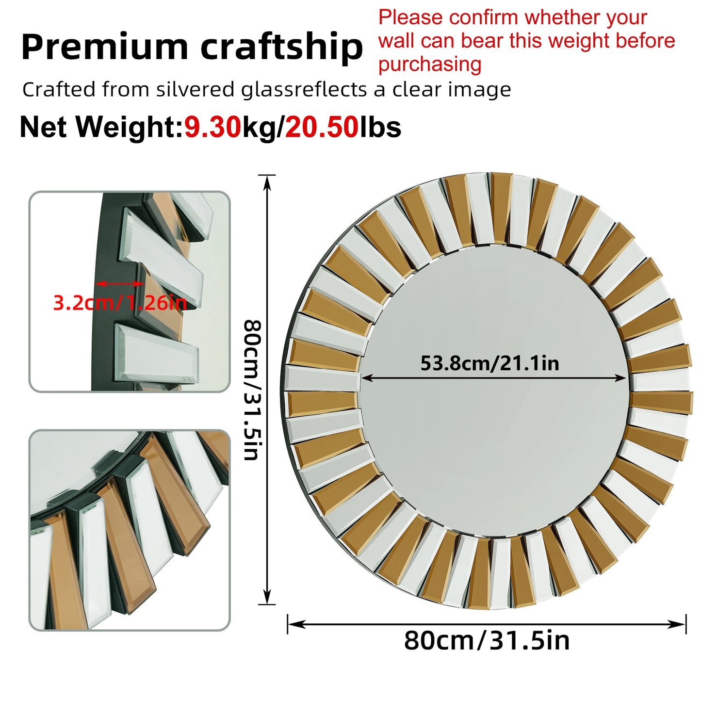 Decorative Round Starburst Glass Wall Mirror For Home Living Room