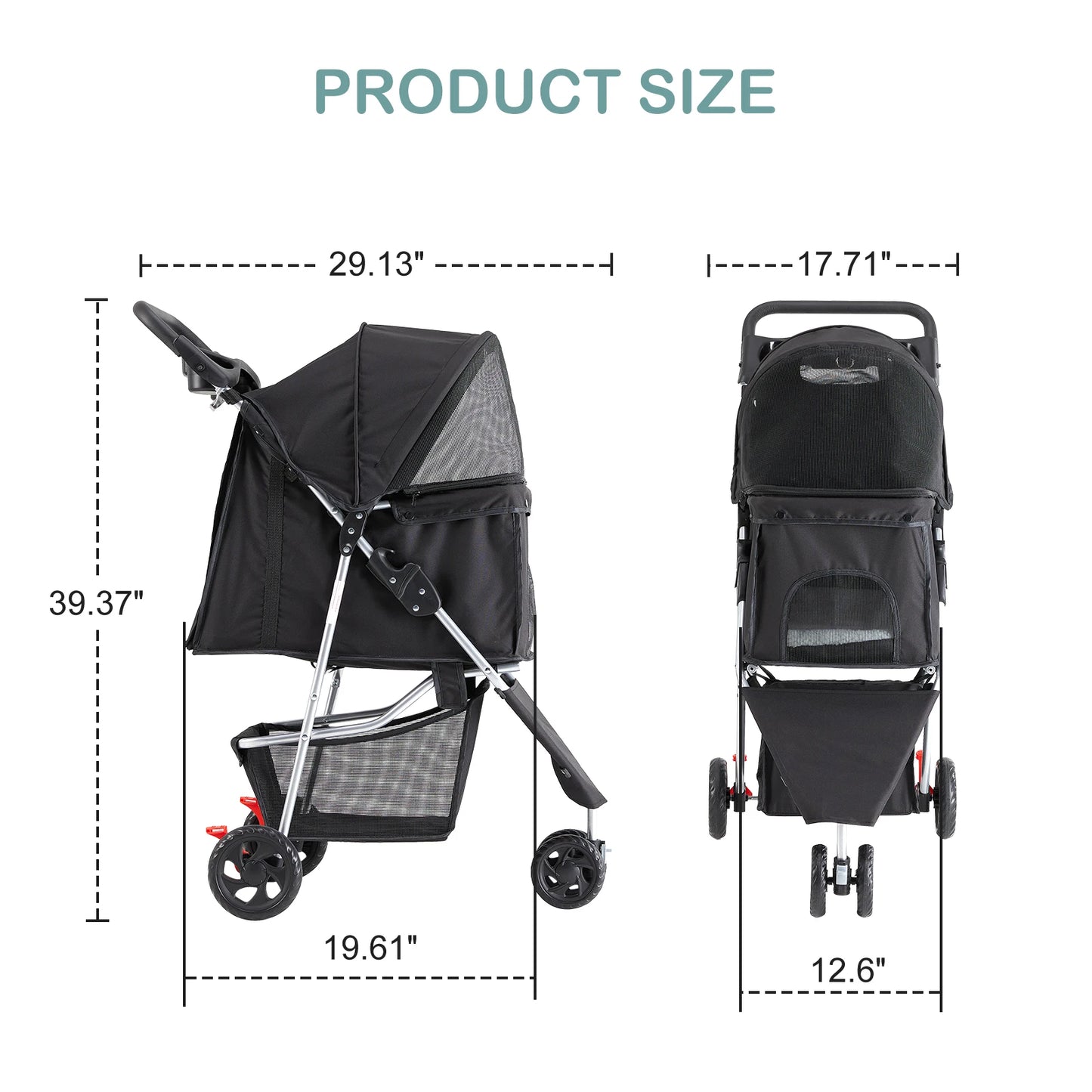 Foldable Pet Stroller With Three Shock Absorbing Wheels And Basket
