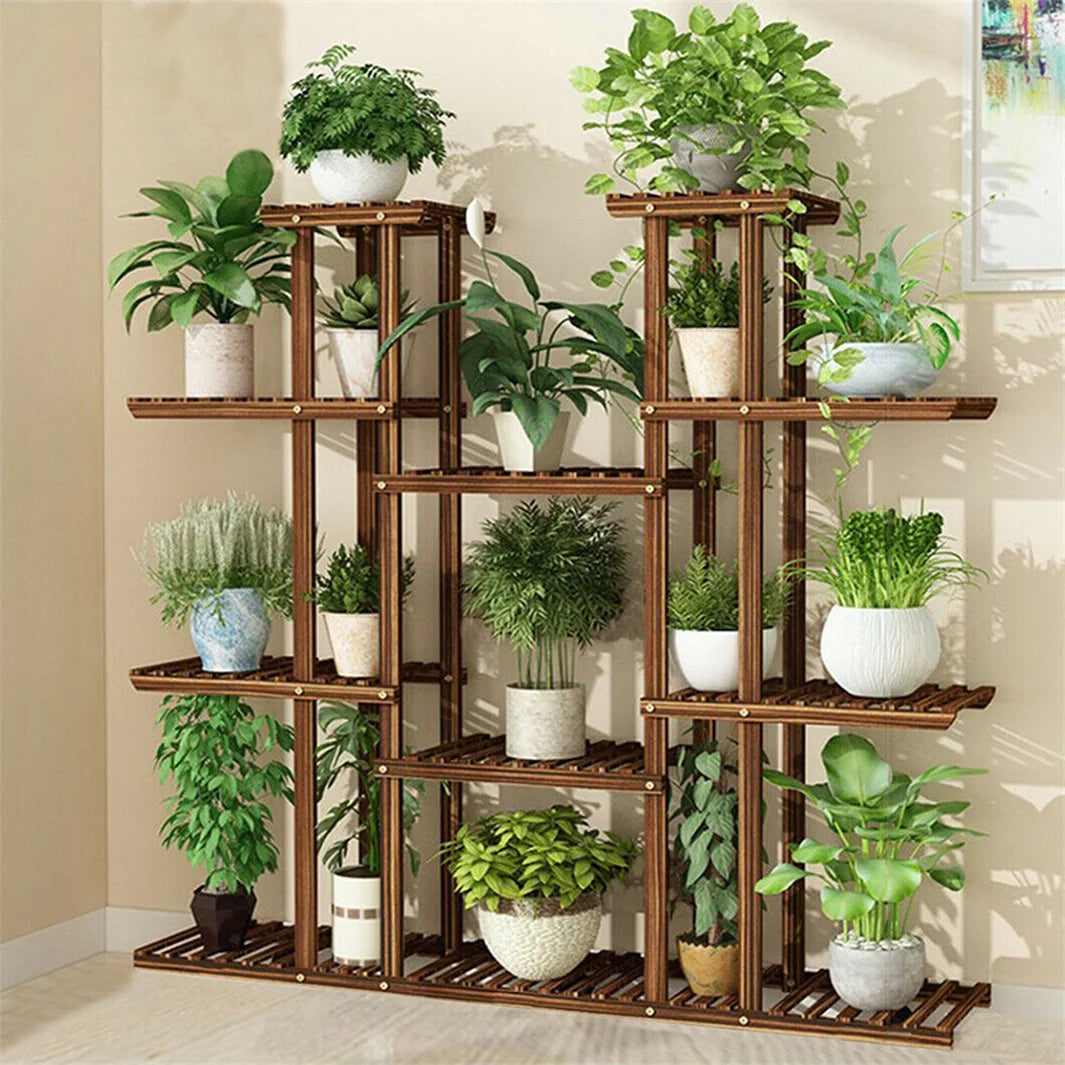 Elevated Wood Plant Stand For Indoor Outdoor Garden Pot Display