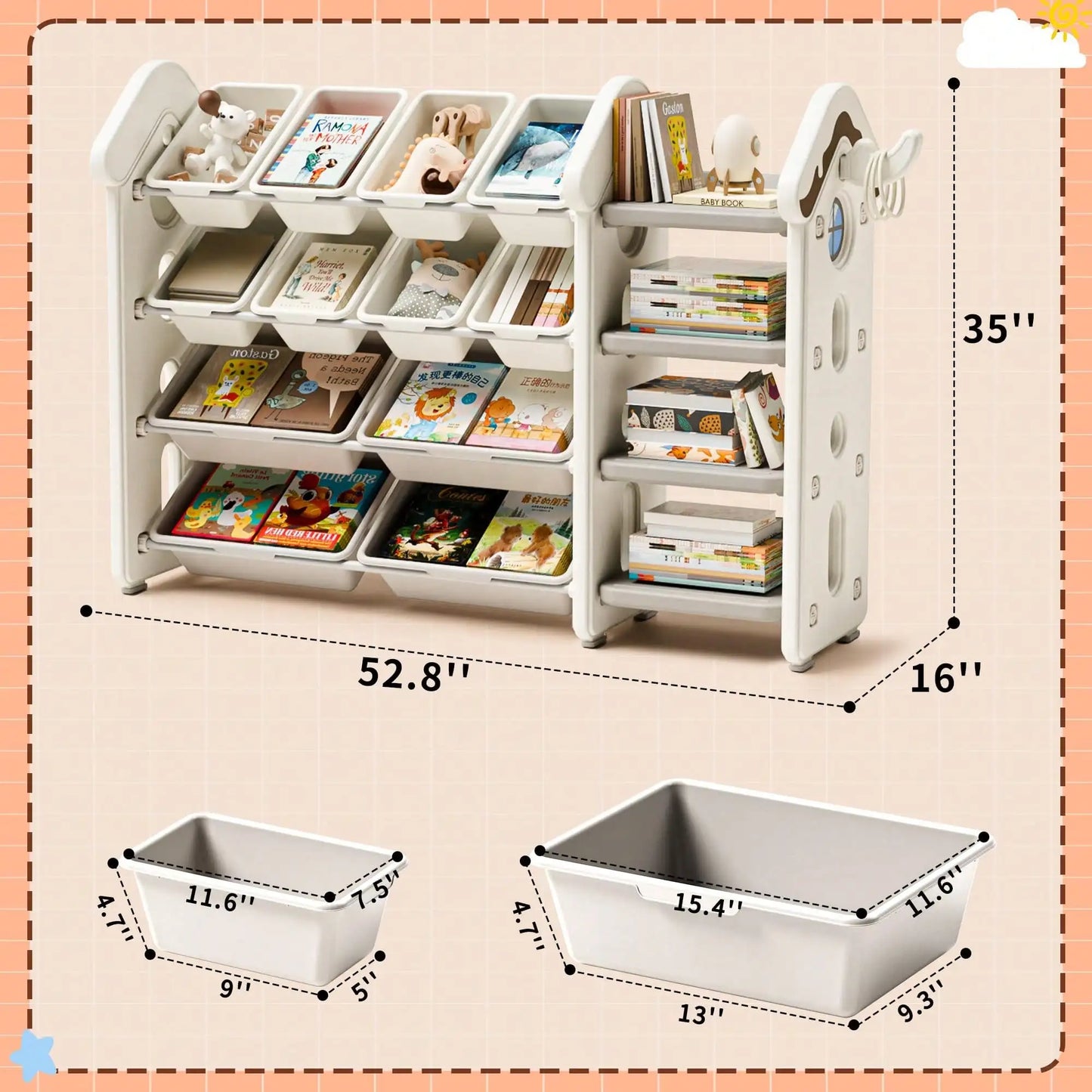 Toy Storage 10 Removable Bins 3 Tier Bookshelf Drawing Board