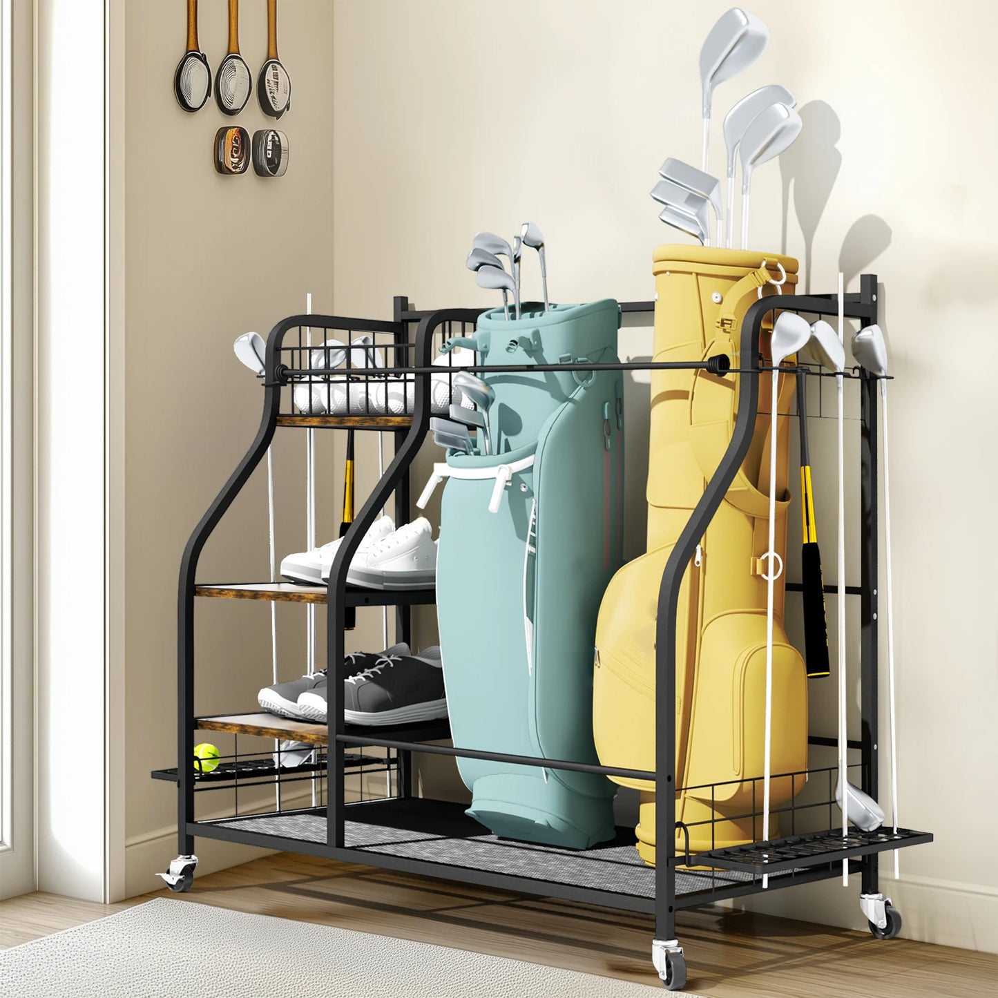 Triple Rolling Metal Golf Bag Storage Rack Organizer With Wheels