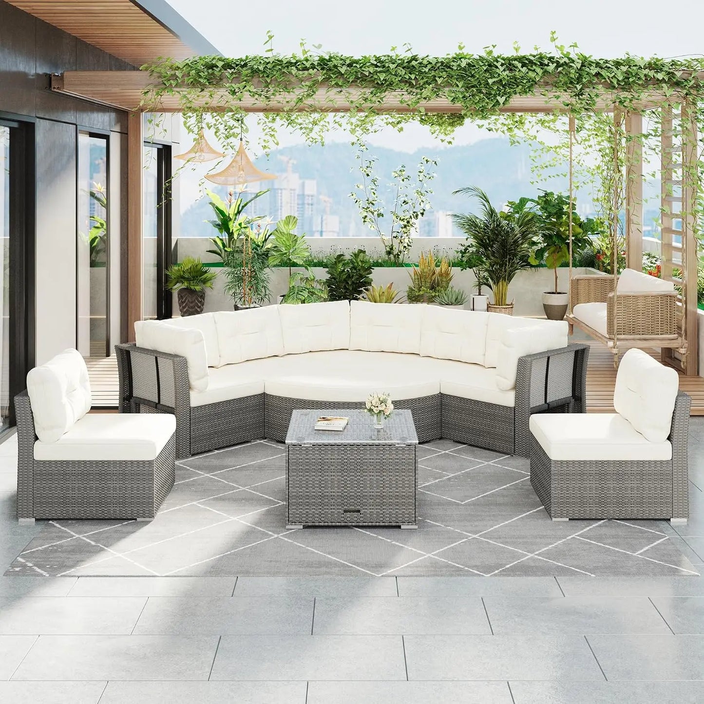 Acacia Wood Half Moon Outdoor Sofa Set With Coffee Table
