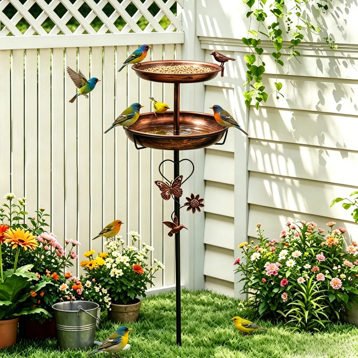 Double Layer Metal Bird Bath Stand For Outdoor Garden Decor