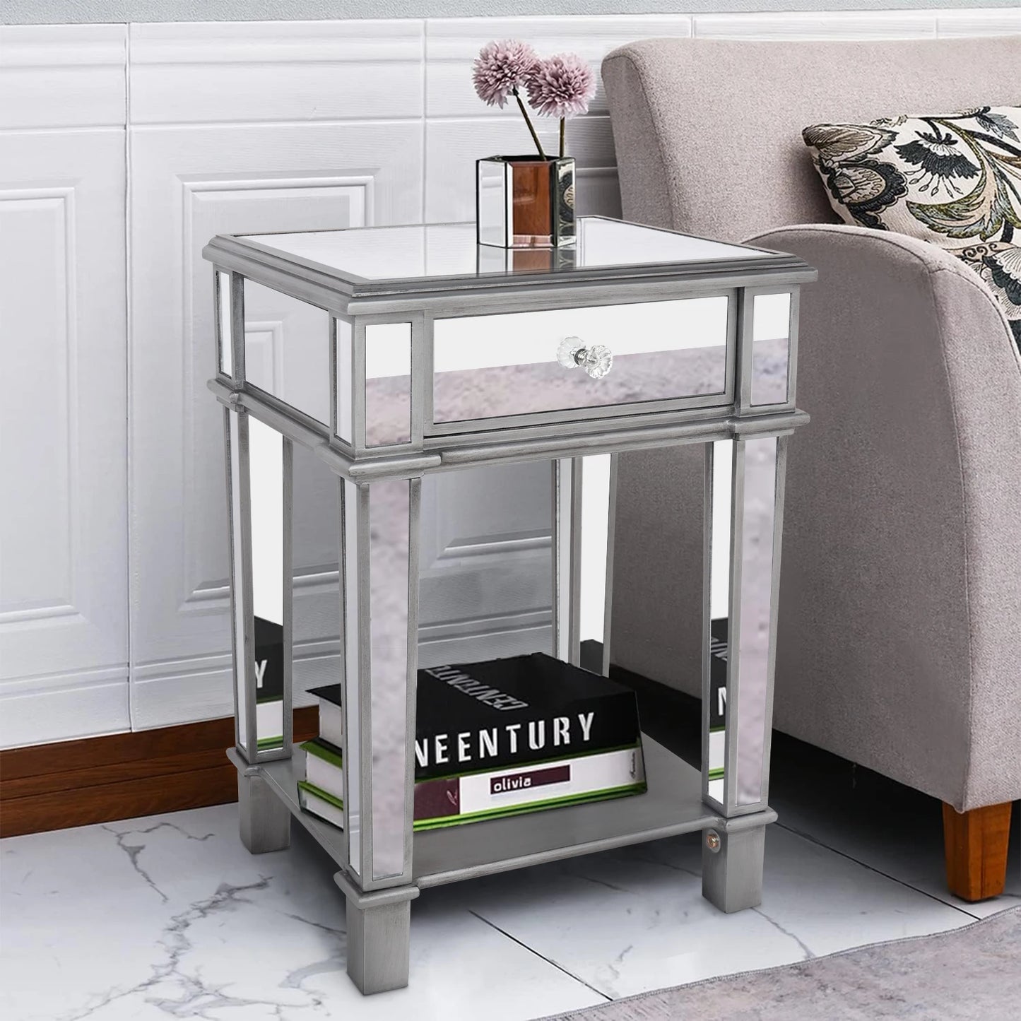 Modern Two Tier Mirrored End Table With Storage Drawer