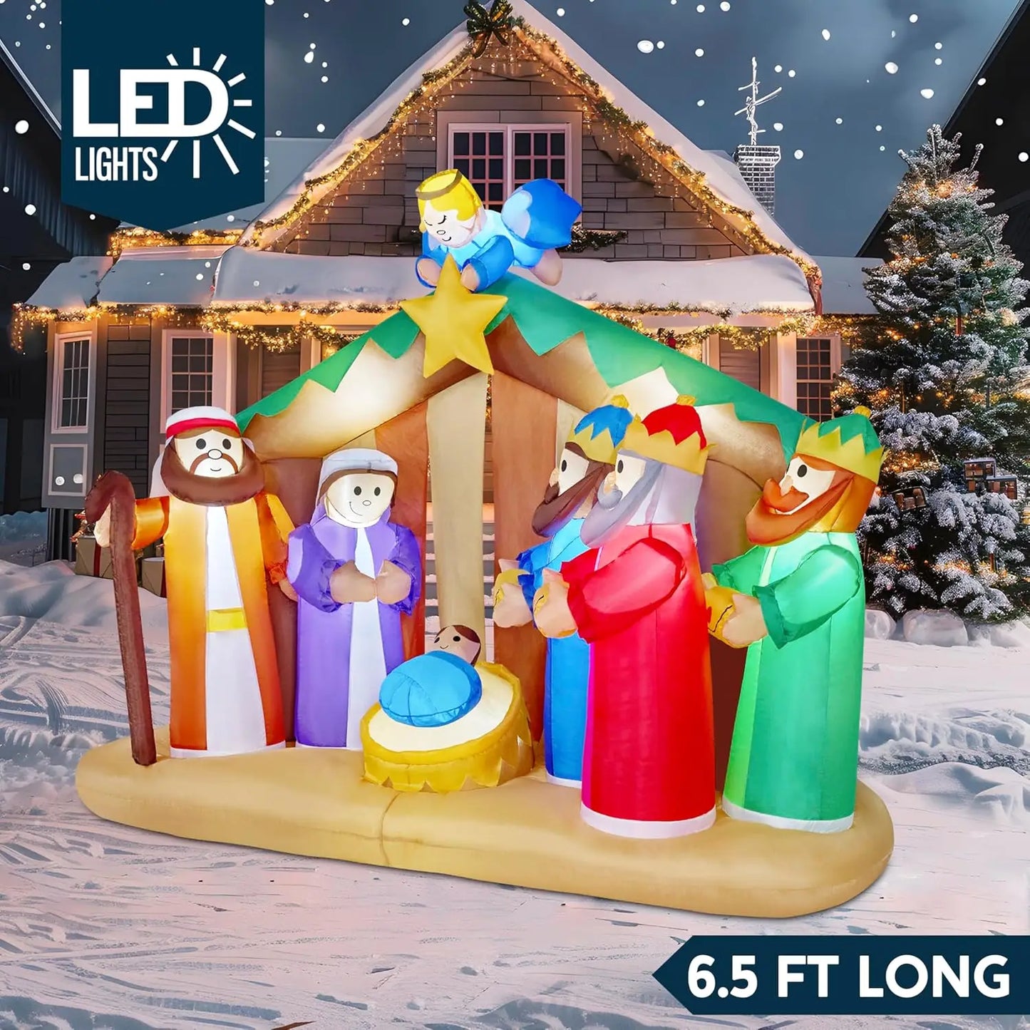Joyfy 8ft Long Christmas Inflatables Nativity Scene With Build-In LEDs