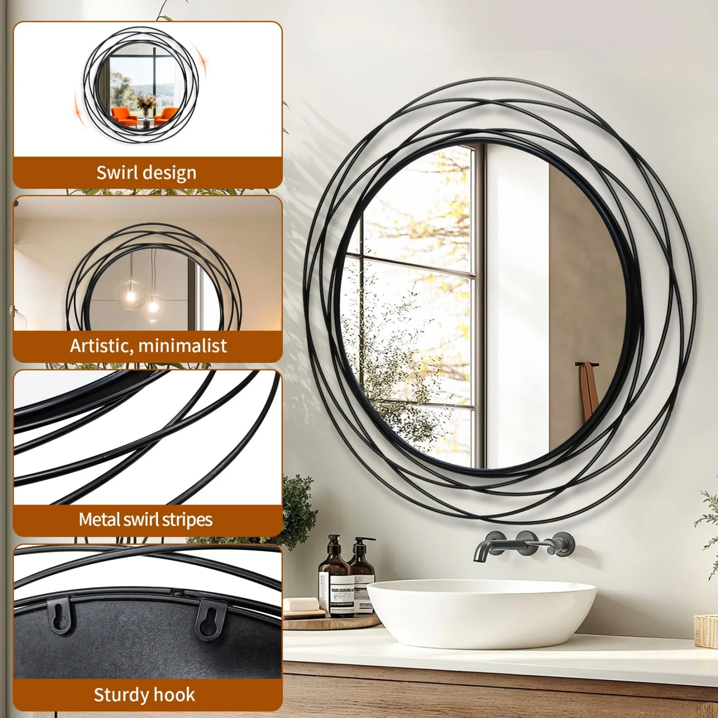 Round Iron Wire Frame Decorative Wall Mirror For Modern Home