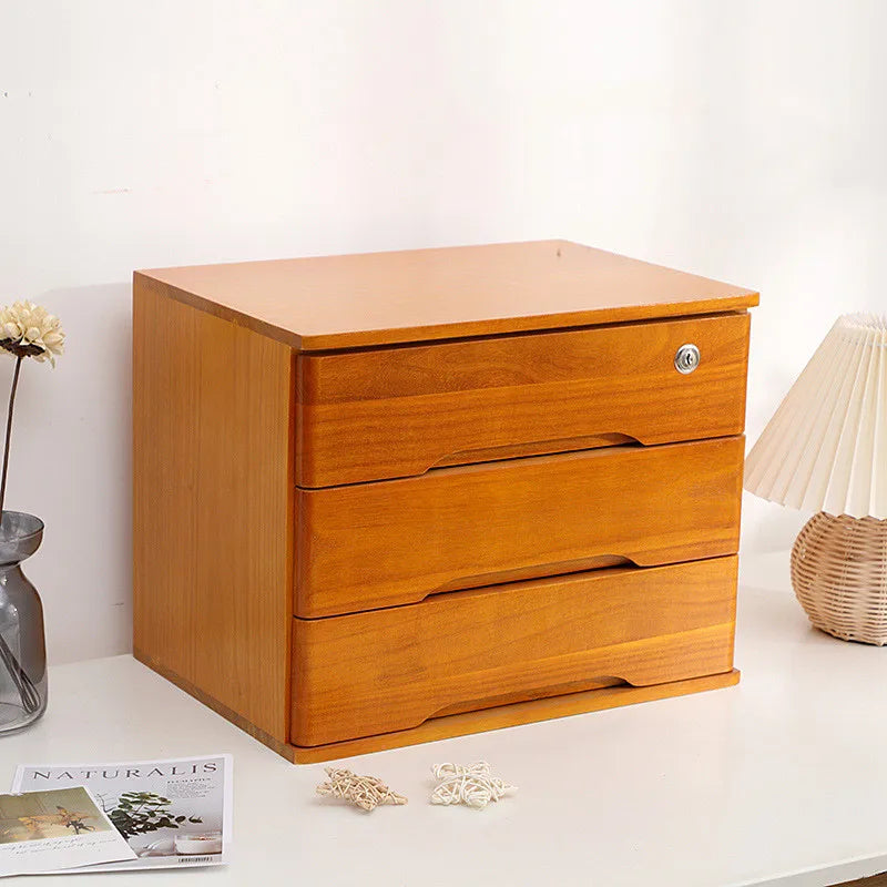 Wooden Desktop Storage Drawer Organizer With Lockable Drawers
