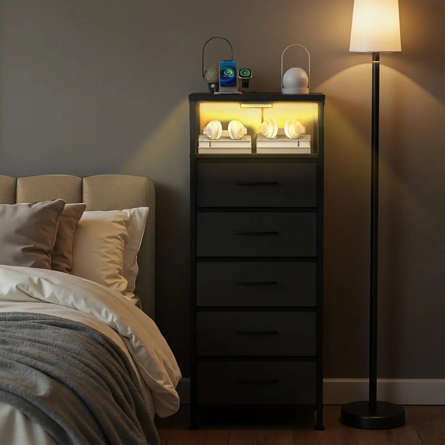 JHK Five Drawer Metal Dresser With LED Strips And Charging Ports