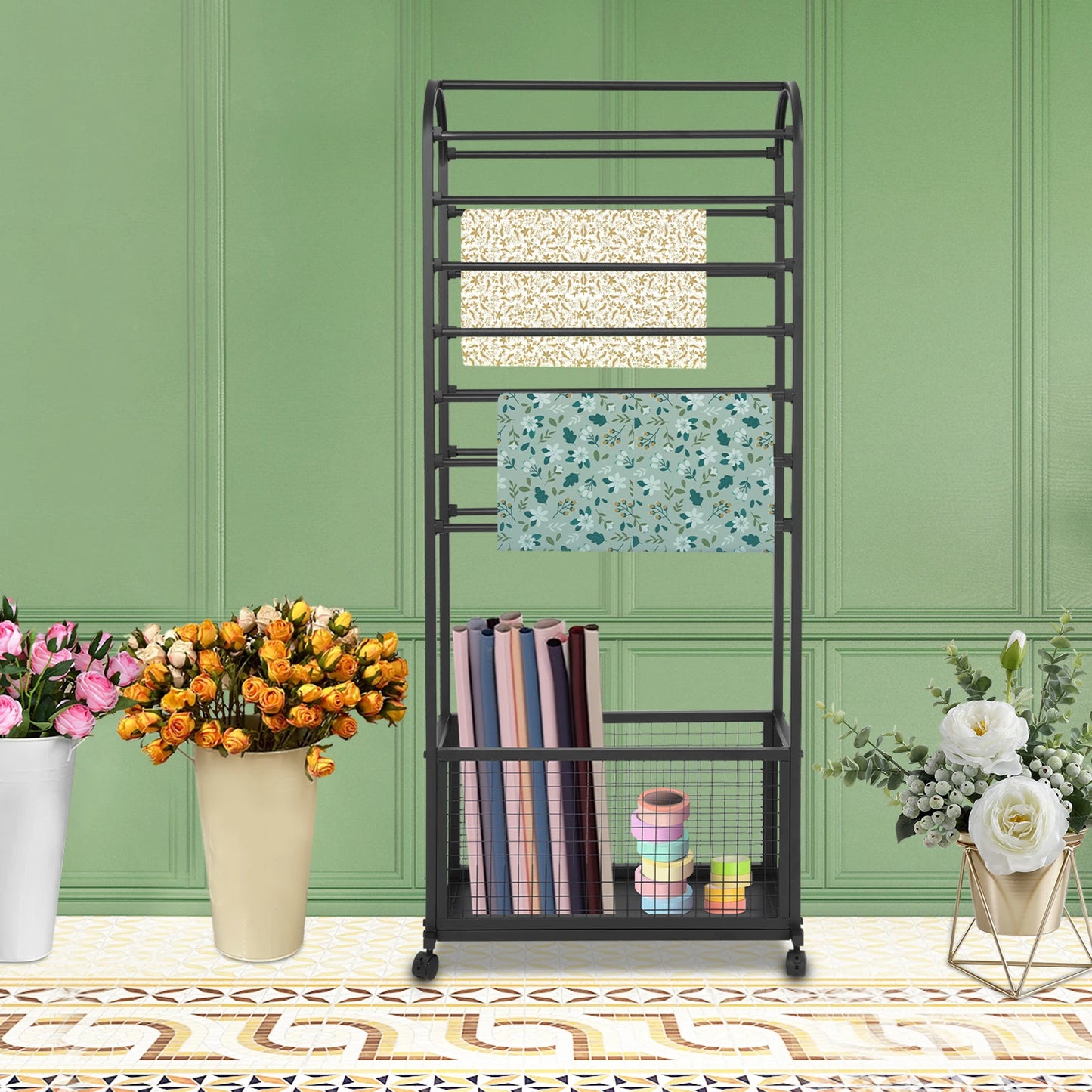 Iron Multi-Rod Rolling Ribbon Holder Organizer Rack With Storage Basket
