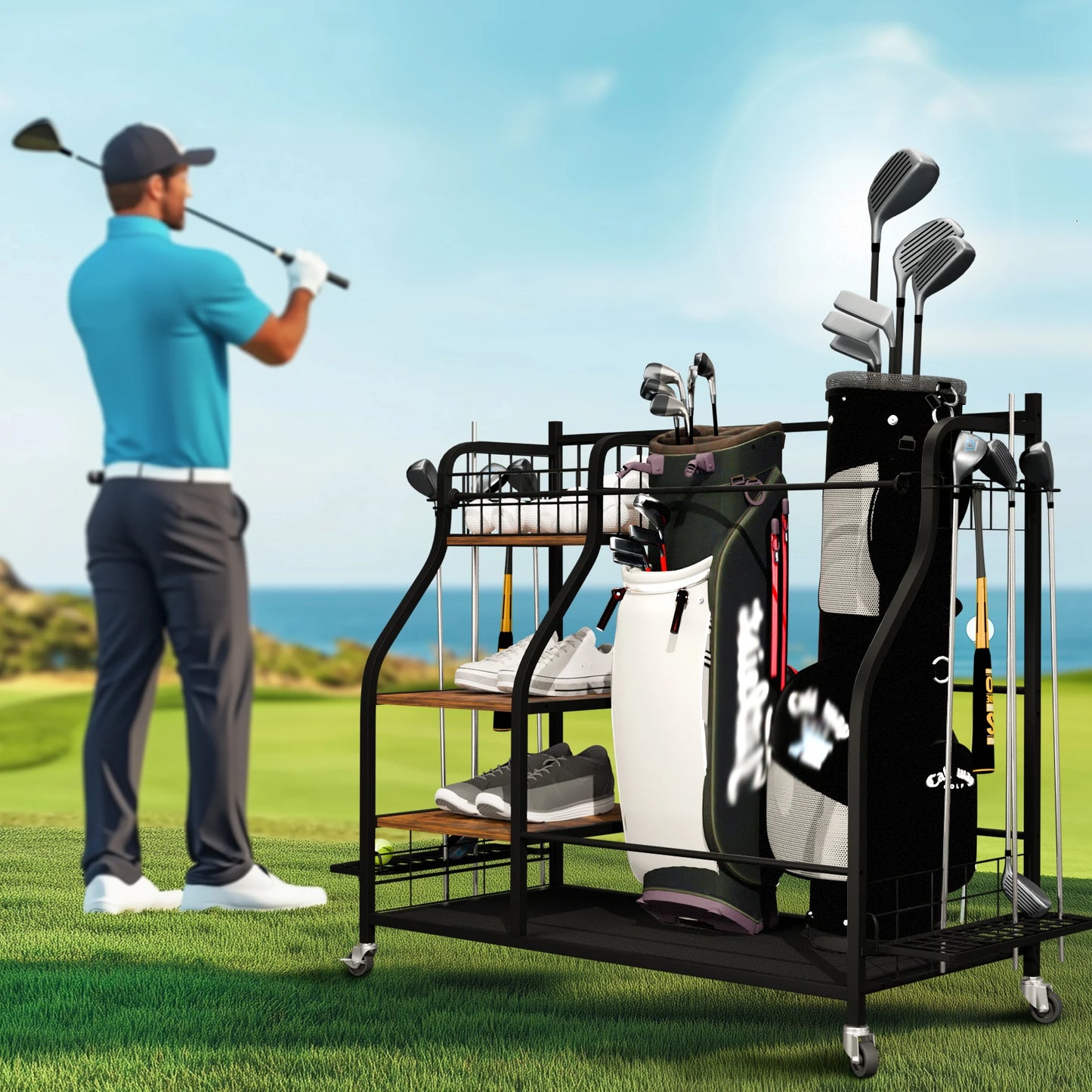 Triple Rolling Metal Golf Bag Storage Rack Organizer With Wheels