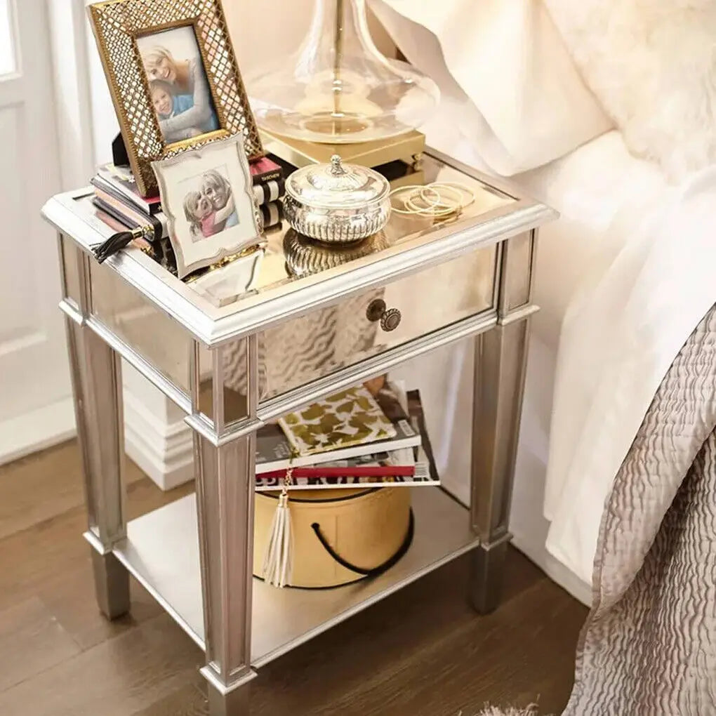 Modern Two Tier Mirrored End Table With Storage Drawer