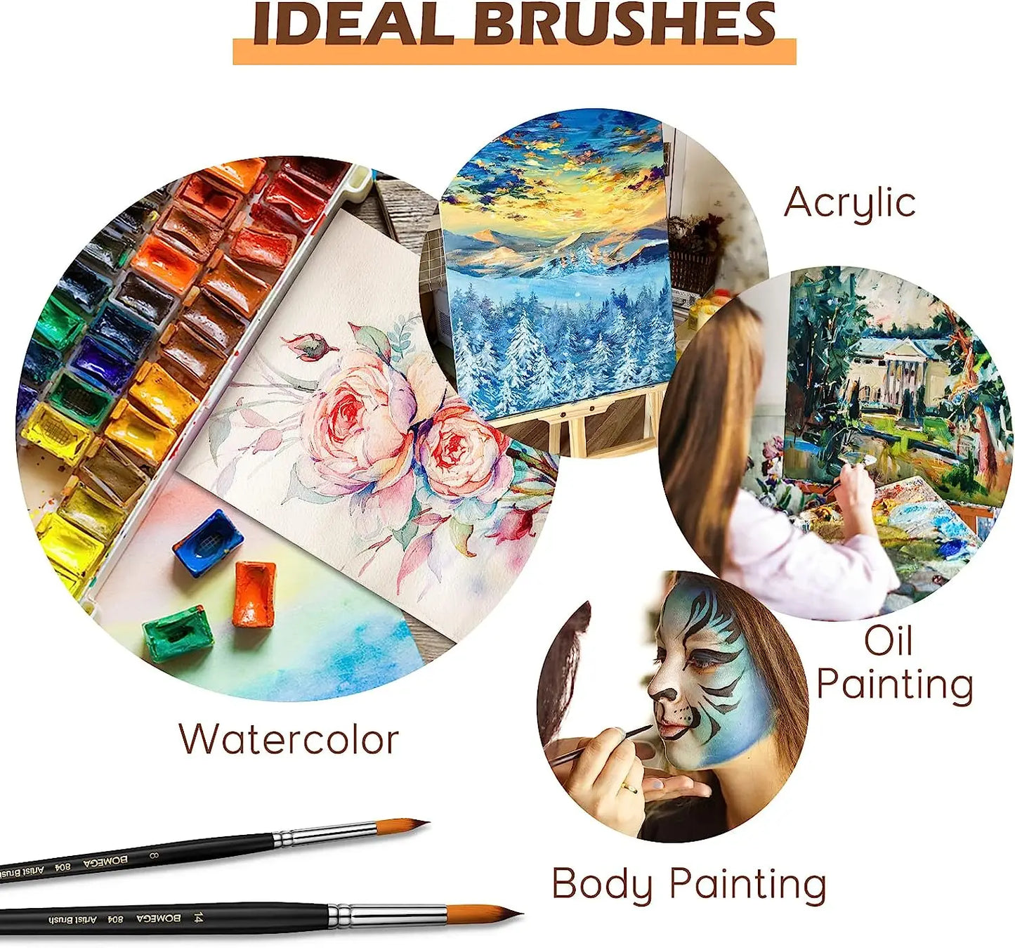 Professional Round Watercolor Paint Brushes Wood Handle Nylon Bristles