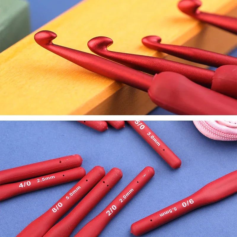 9 Piece Red Aluminum Ergonomic Crochet Hook Set With Extended Handles
