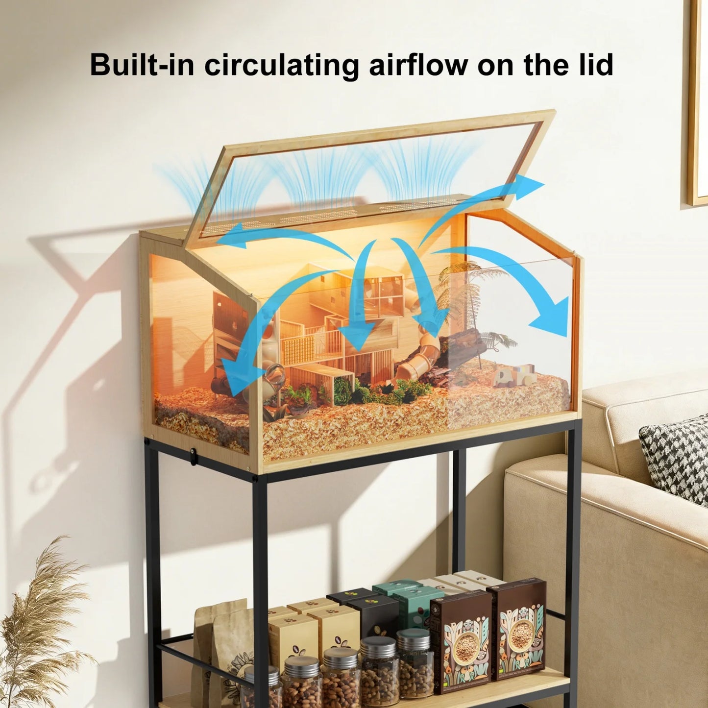 Wooden Hamster Cage With Tempered Glass And Storage Shelf