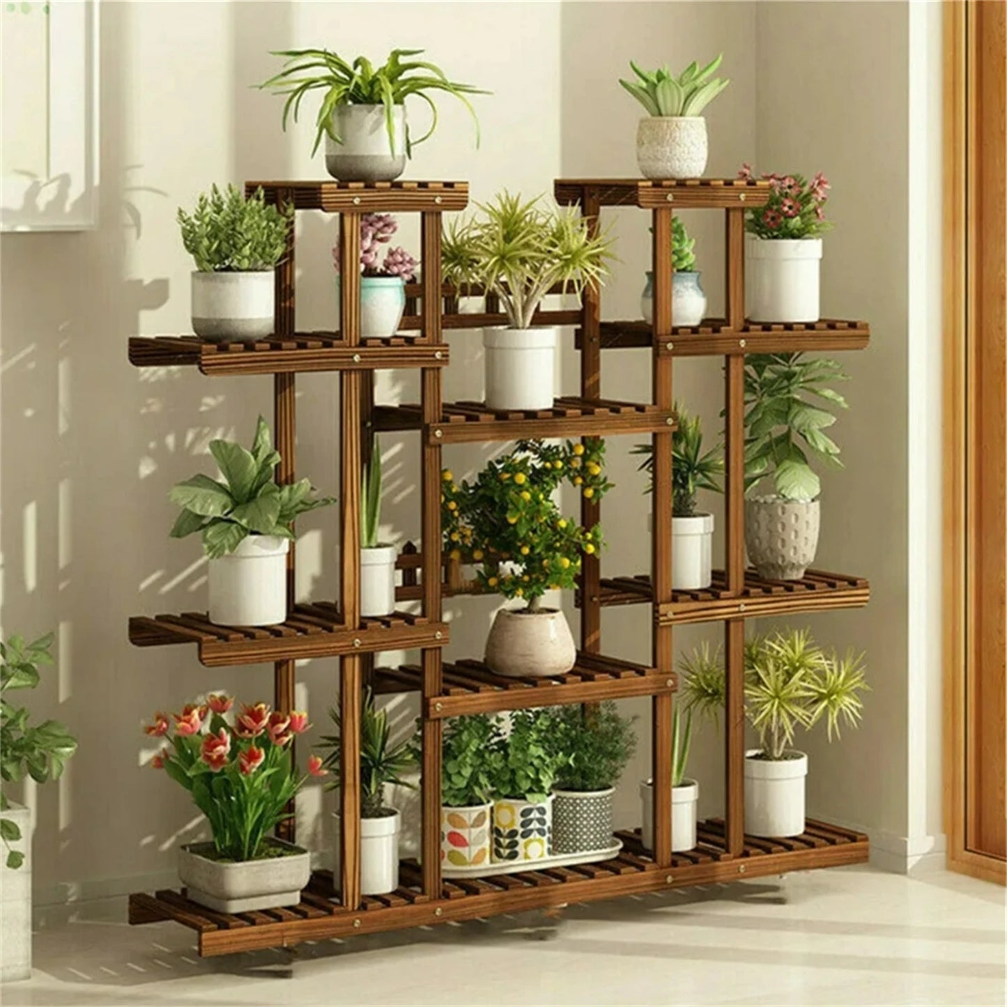 Elevated Wood Plant Stand For Indoor Outdoor Garden Pot Display