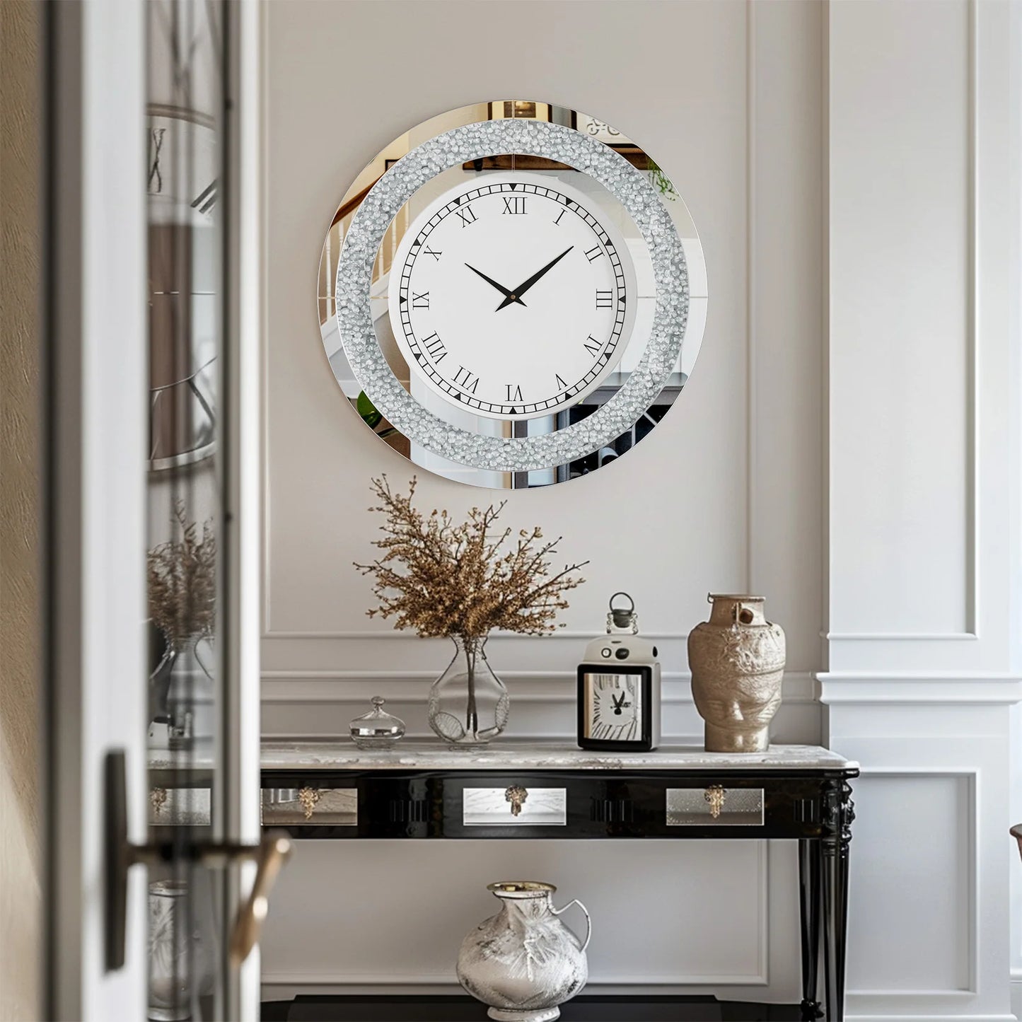 Elegant Sparkling Mirrored Wall Clock With Built In Audio Speaker