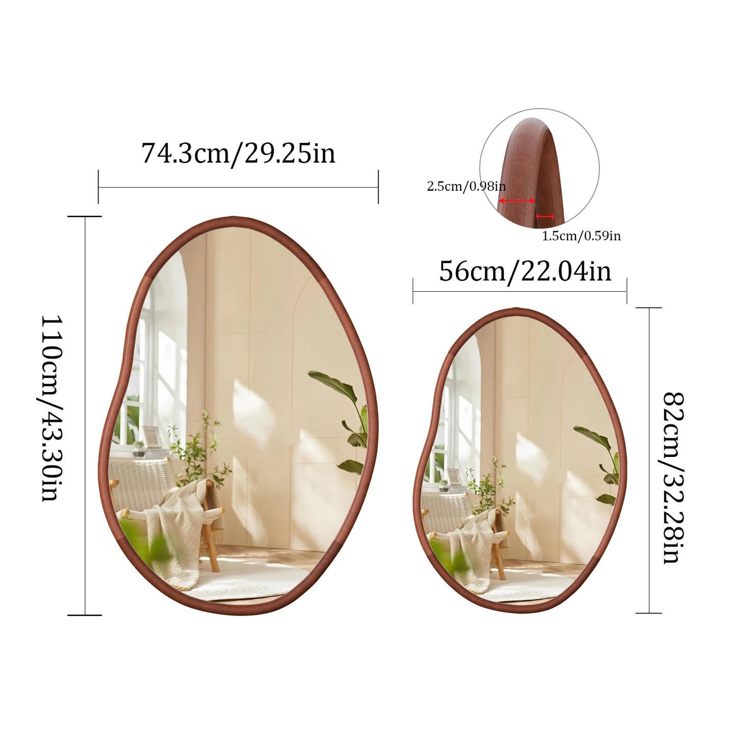 Mid Century Asymmetrical Wood Frame Wall Mirror Decorative Accent