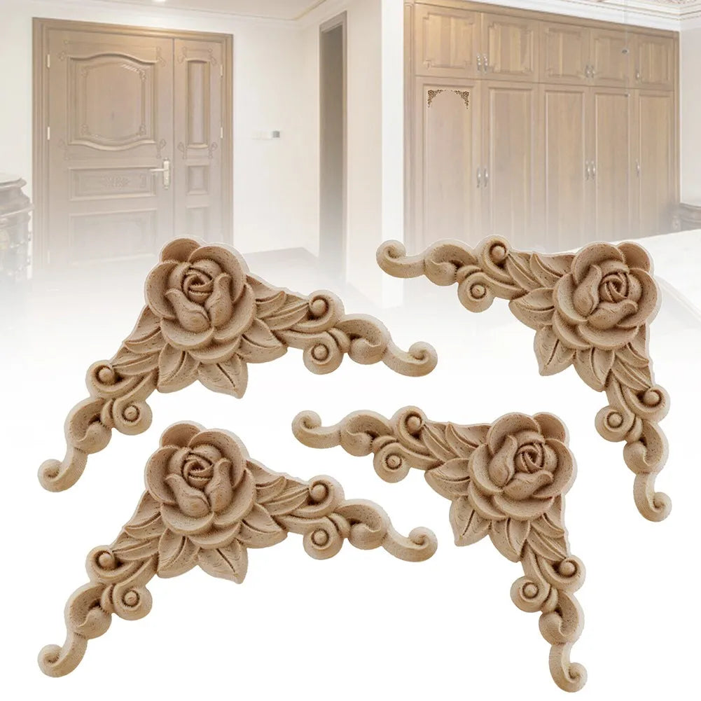 Natural Carved Wooden Floral Corner Wall Decor Applique Set