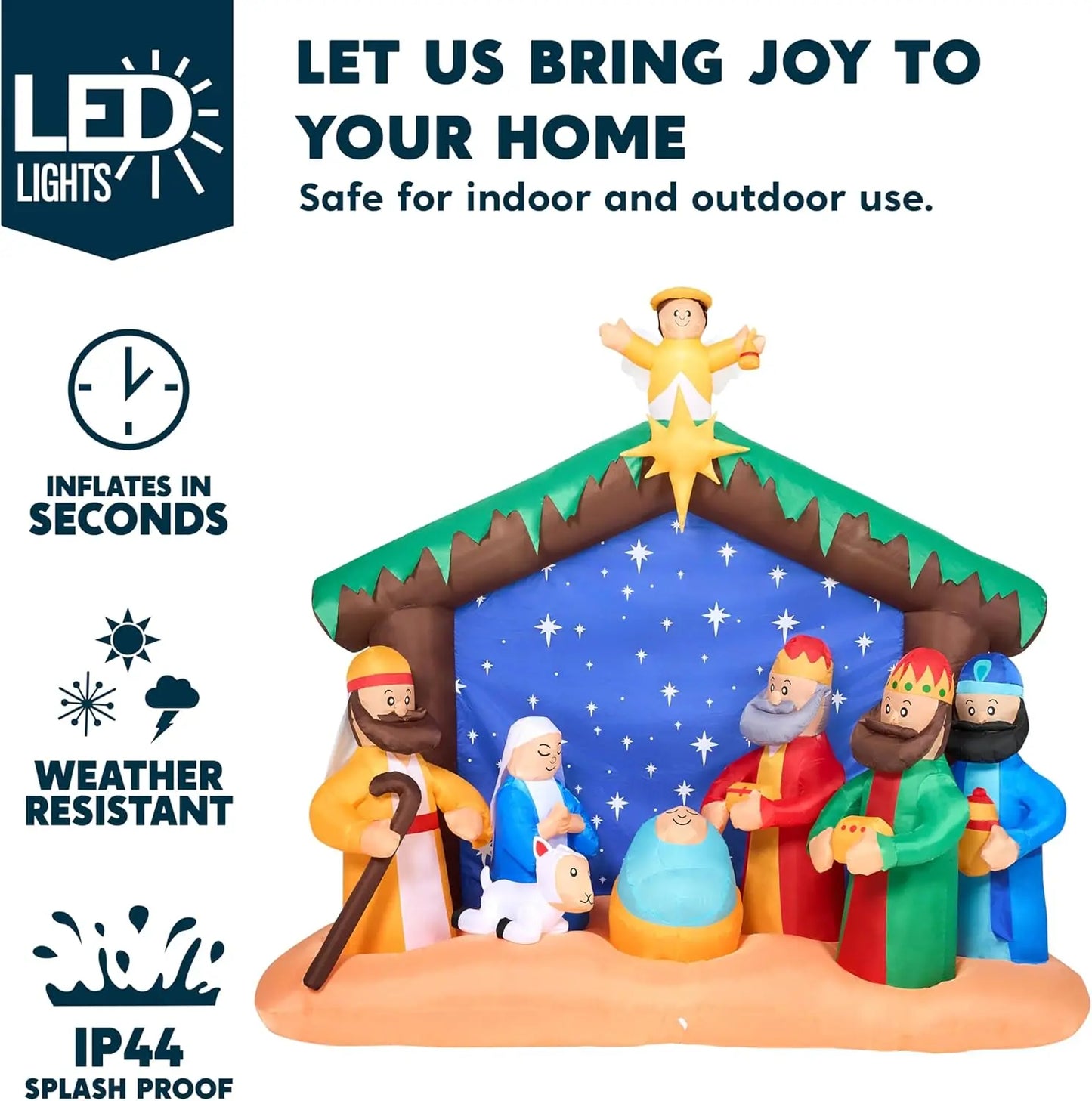Joyfy 8ft Long Christmas Inflatables Nativity Scene With Build-In LEDs