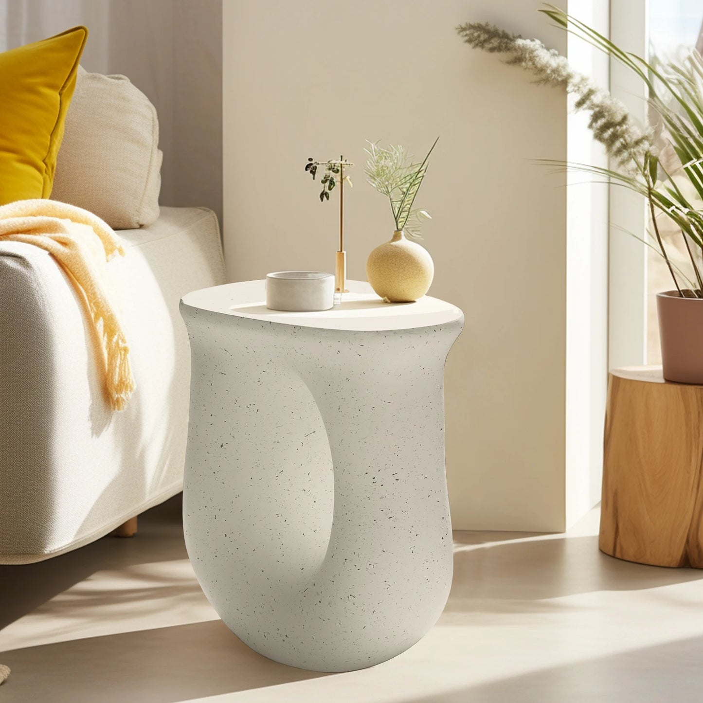Contemporary Stone Geometric U Shaped Side End Accent Table