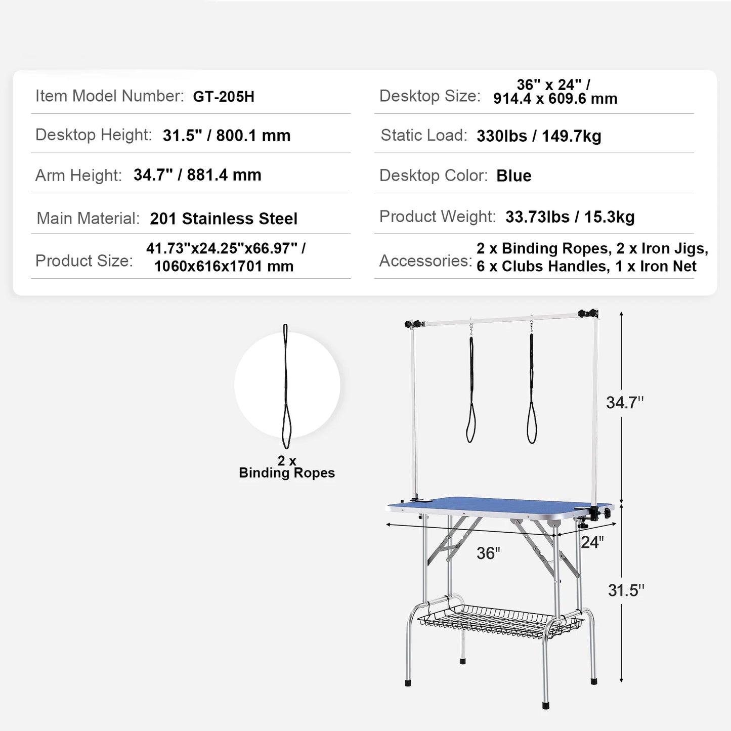 Foldable Stainless Steel Pet Grooming Table With Dual Arms