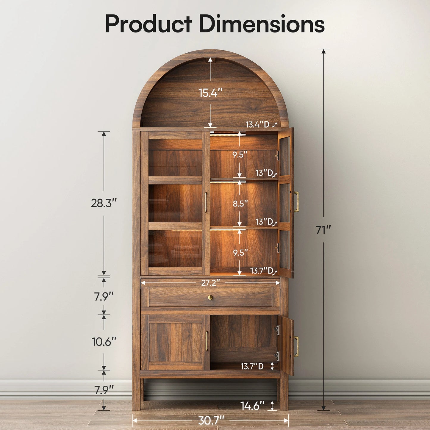 Cottinch Arched Wood Cabinet Featuring Led Lights And Adjustable Shelves