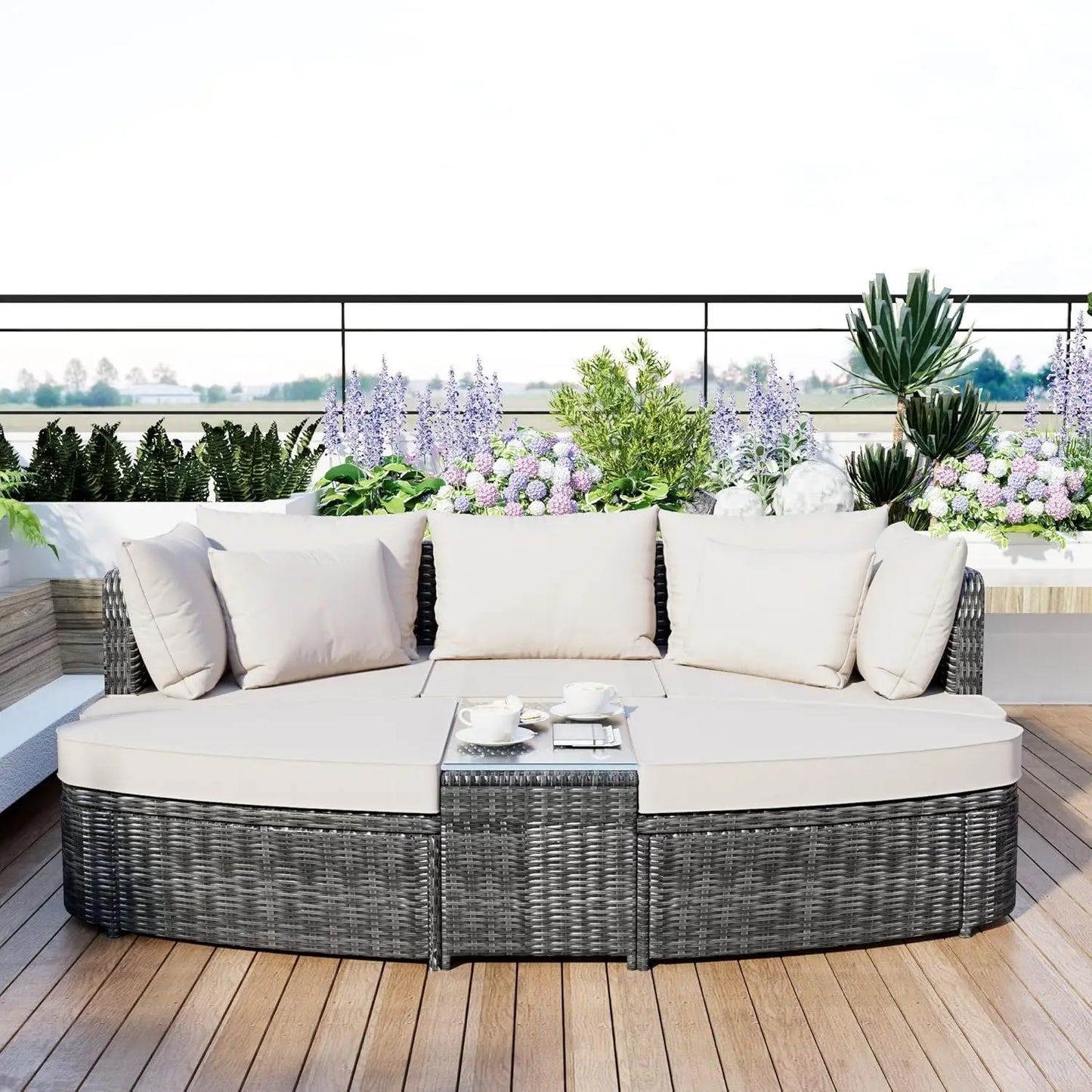 Acacia Wood Half Moon Outdoor Sofa Set With Coffee Table