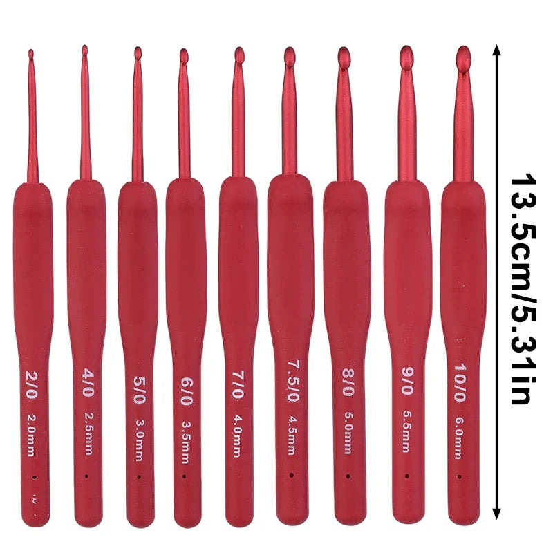 9 Piece Red Aluminum Ergonomic Crochet Hook Set With Extended Handles