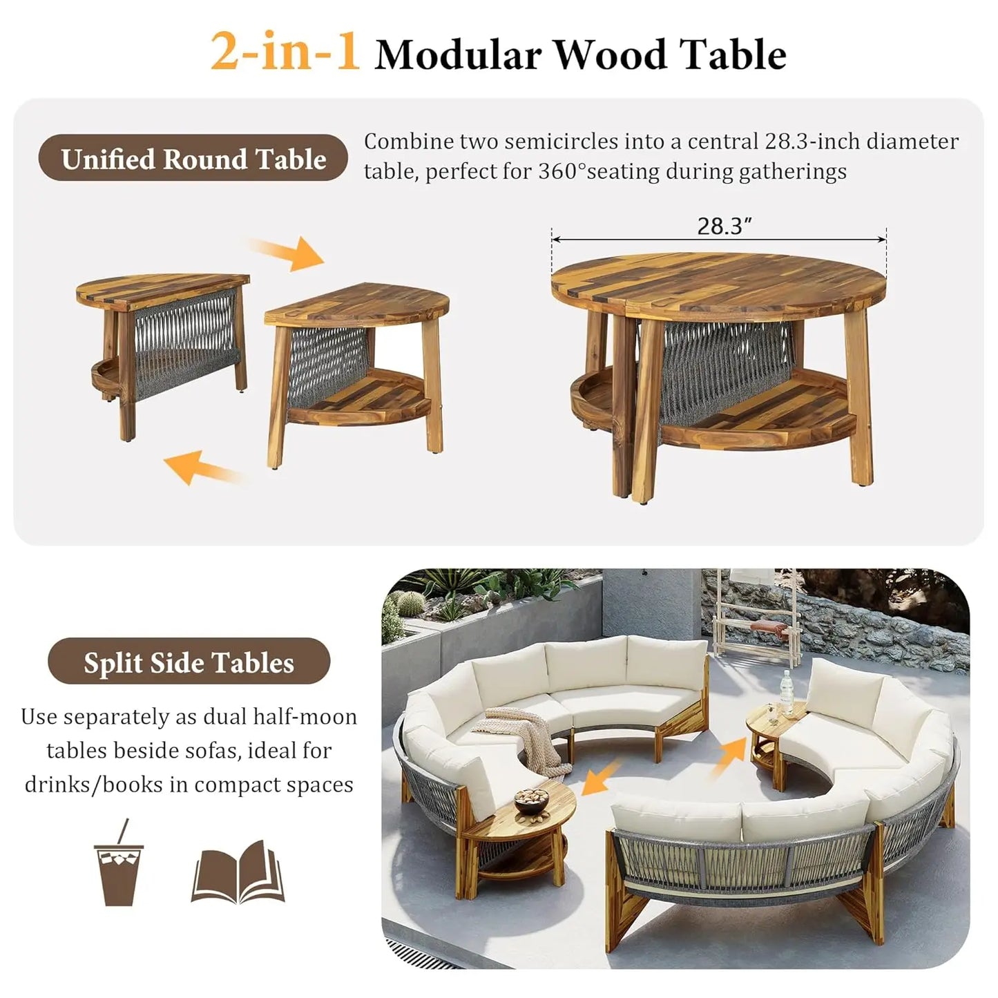 Acacia Wood Half Moon Outdoor Sofa Set With Coffee Table