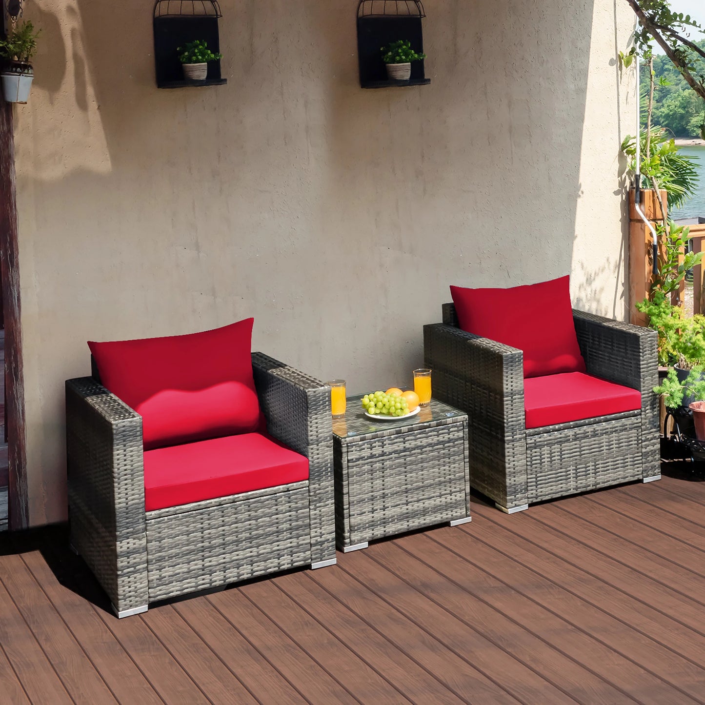 HOMASIS 3 Piece Outdoor Rattan Patio Furniture Set With Cushion