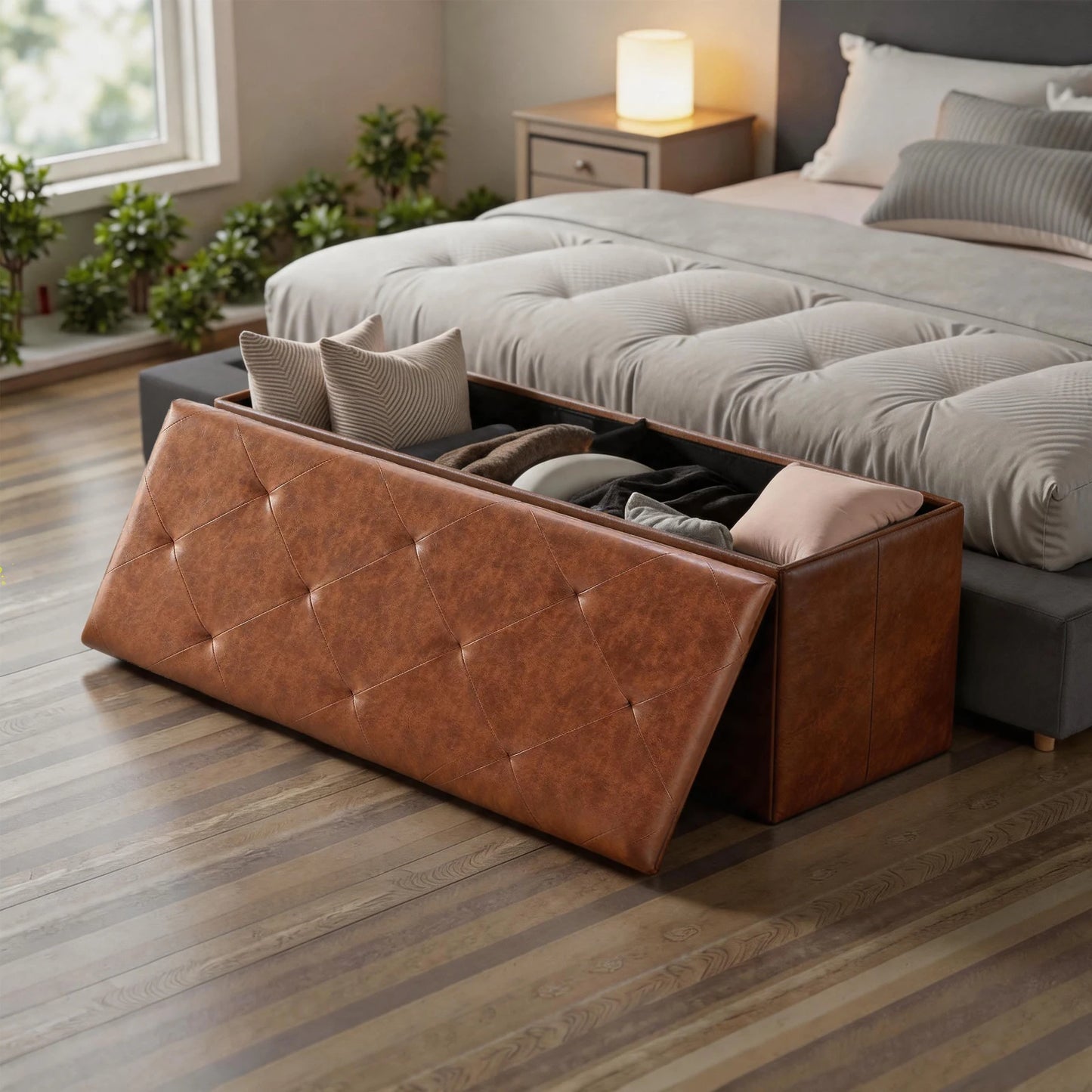 Sarenzoon Tufted Faux Leather Storage Folding Footrest Ottoman