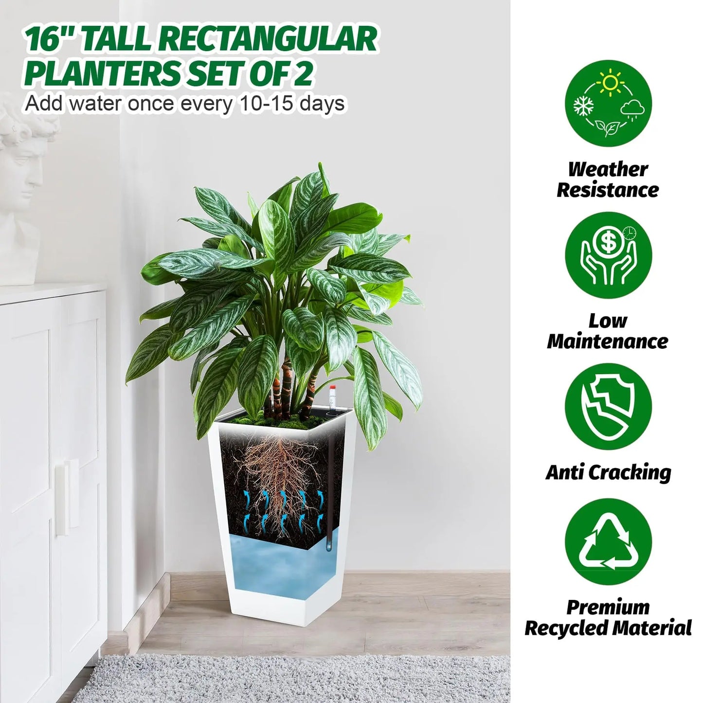 HiMISS Modern Self Watering Tall Planters Garden Set