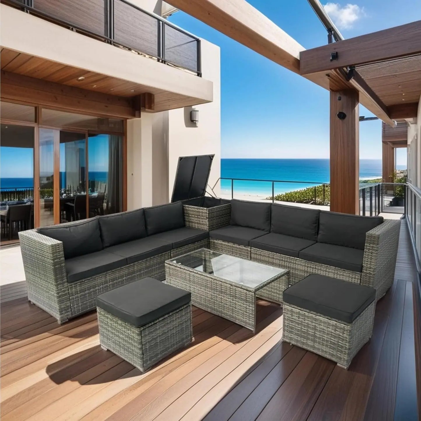 Acacia Wood Half Moon Outdoor Sofa Set With Coffee Table